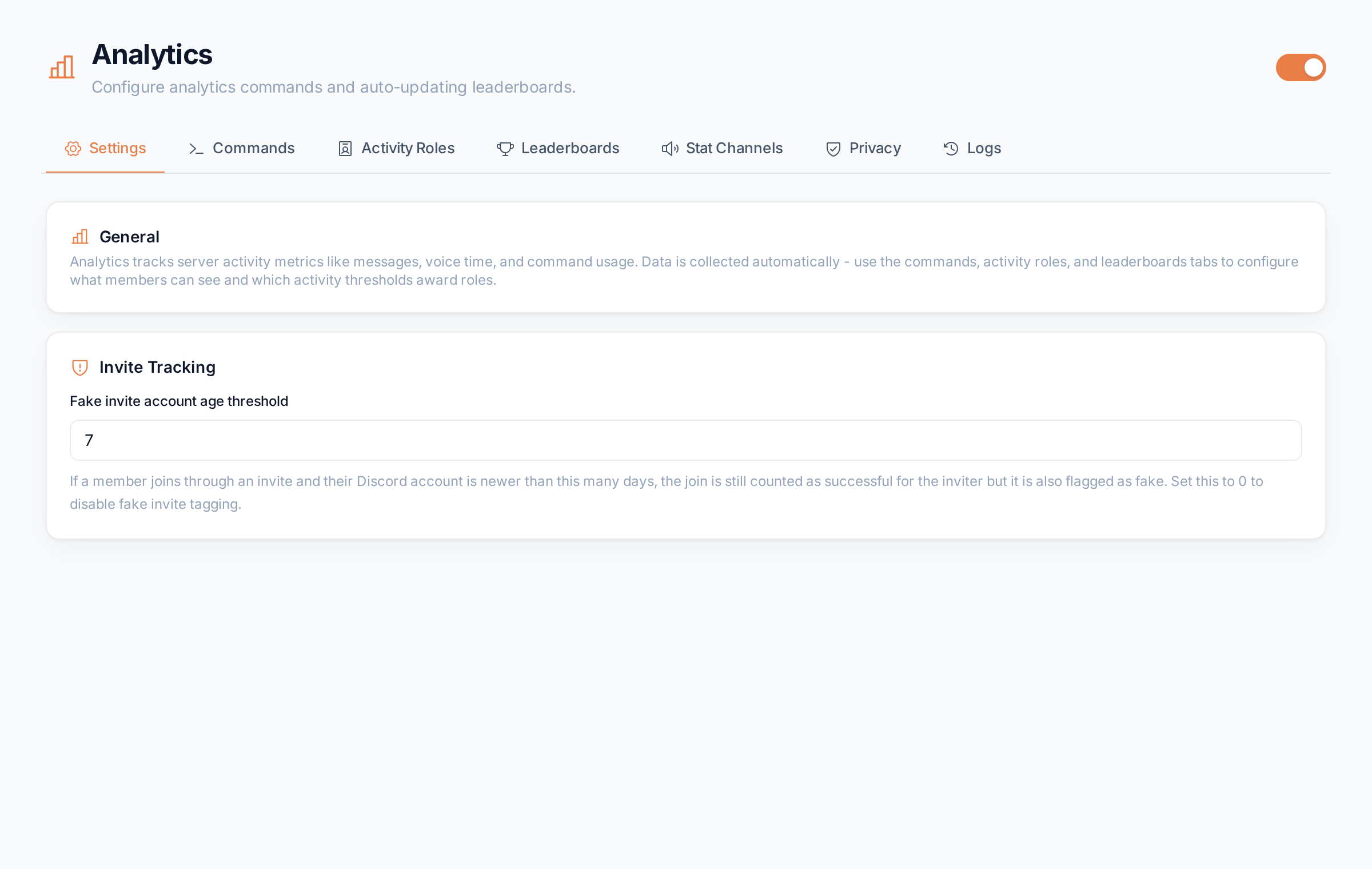 The Analytics Settings tab with the General description and the fake invite account age threshold