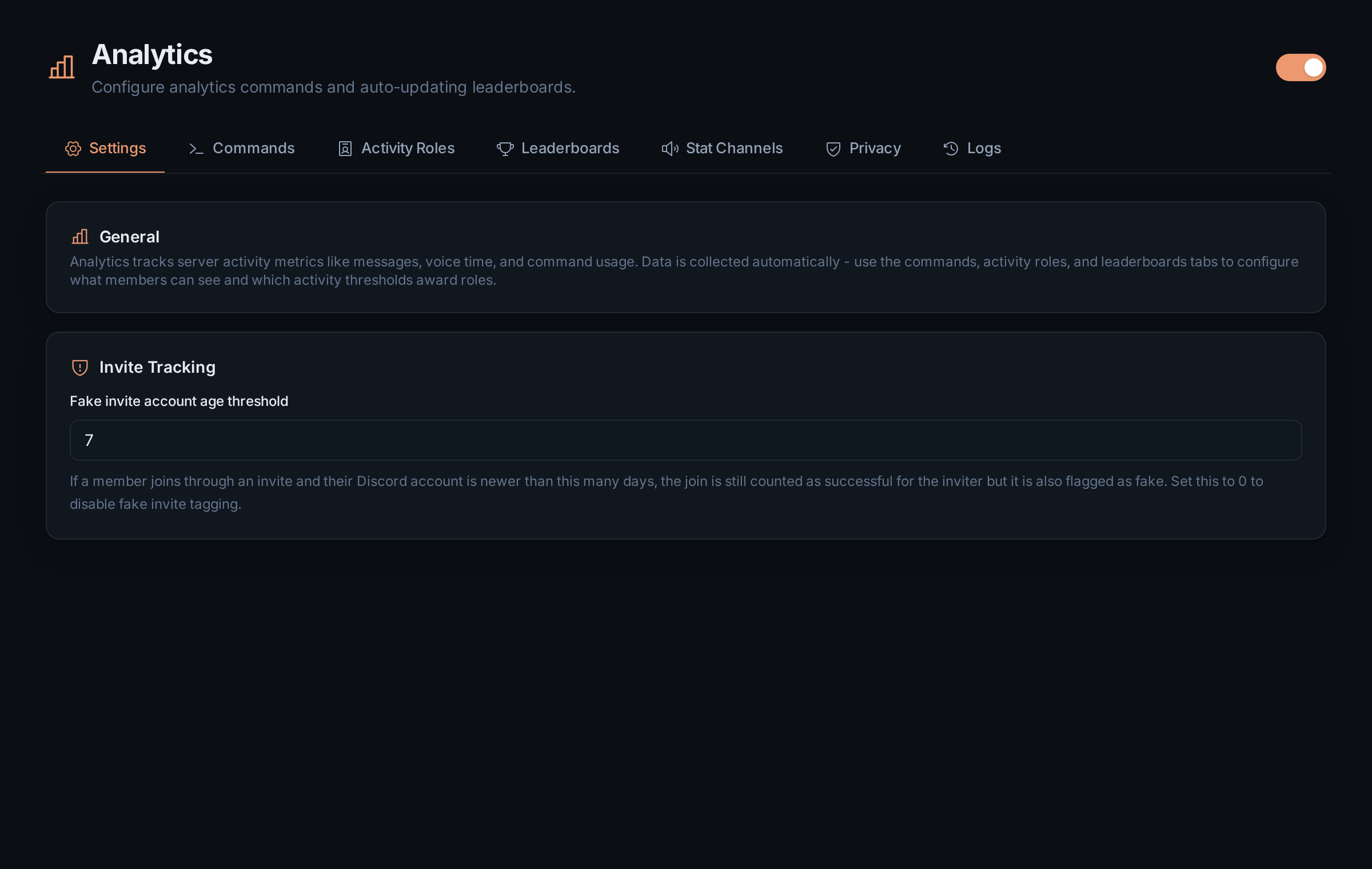 The Analytics Settings tab with the General description and the fake invite account age threshold
