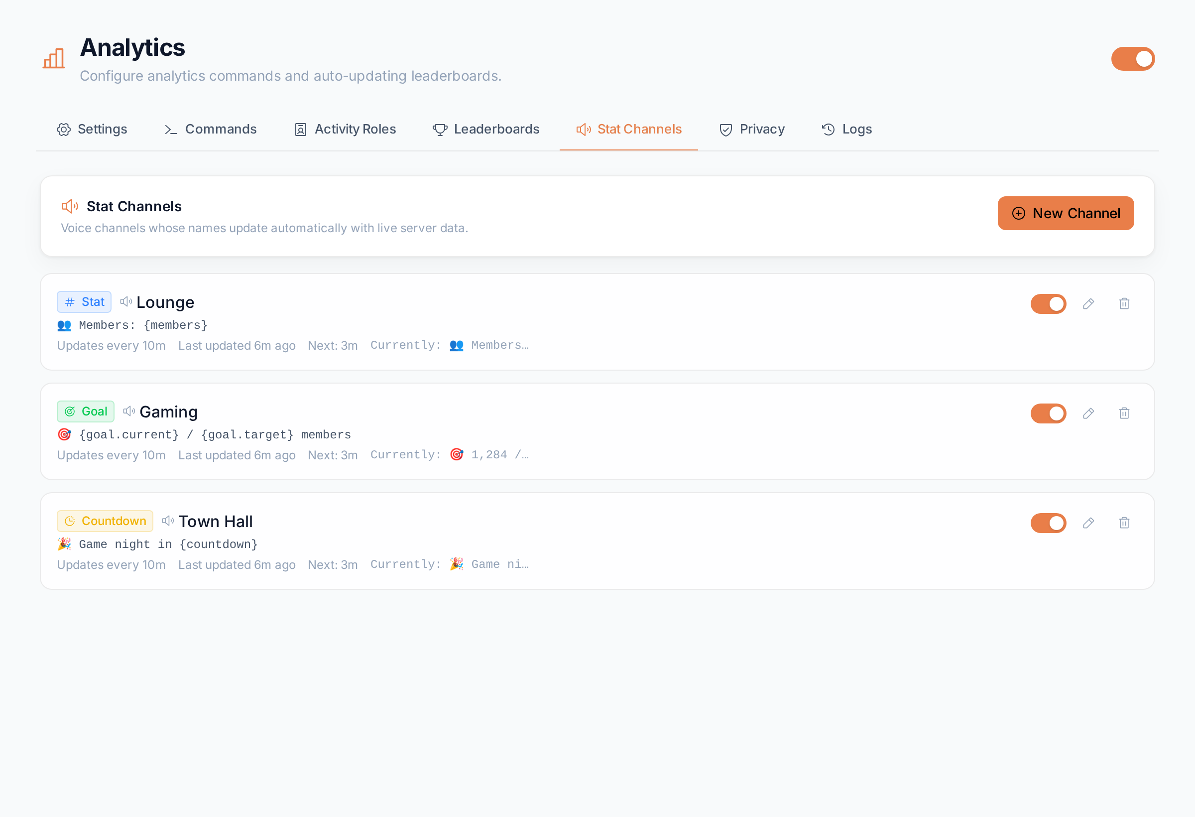 The Stat Channels tab listing channels whose names show live member counts