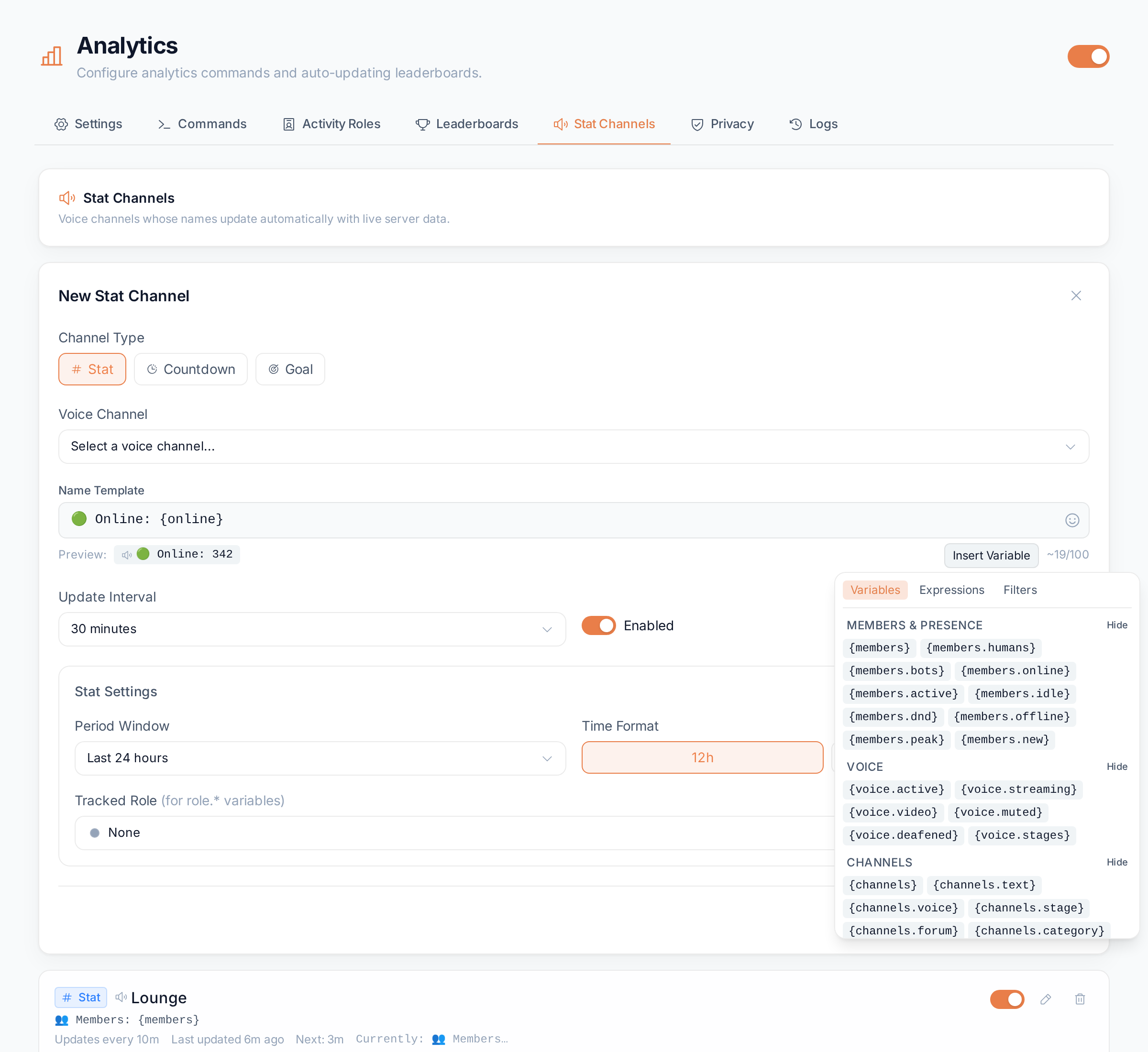 Creating a stat channel: the Stat type, a name template with the variable picker open, and the update interval
