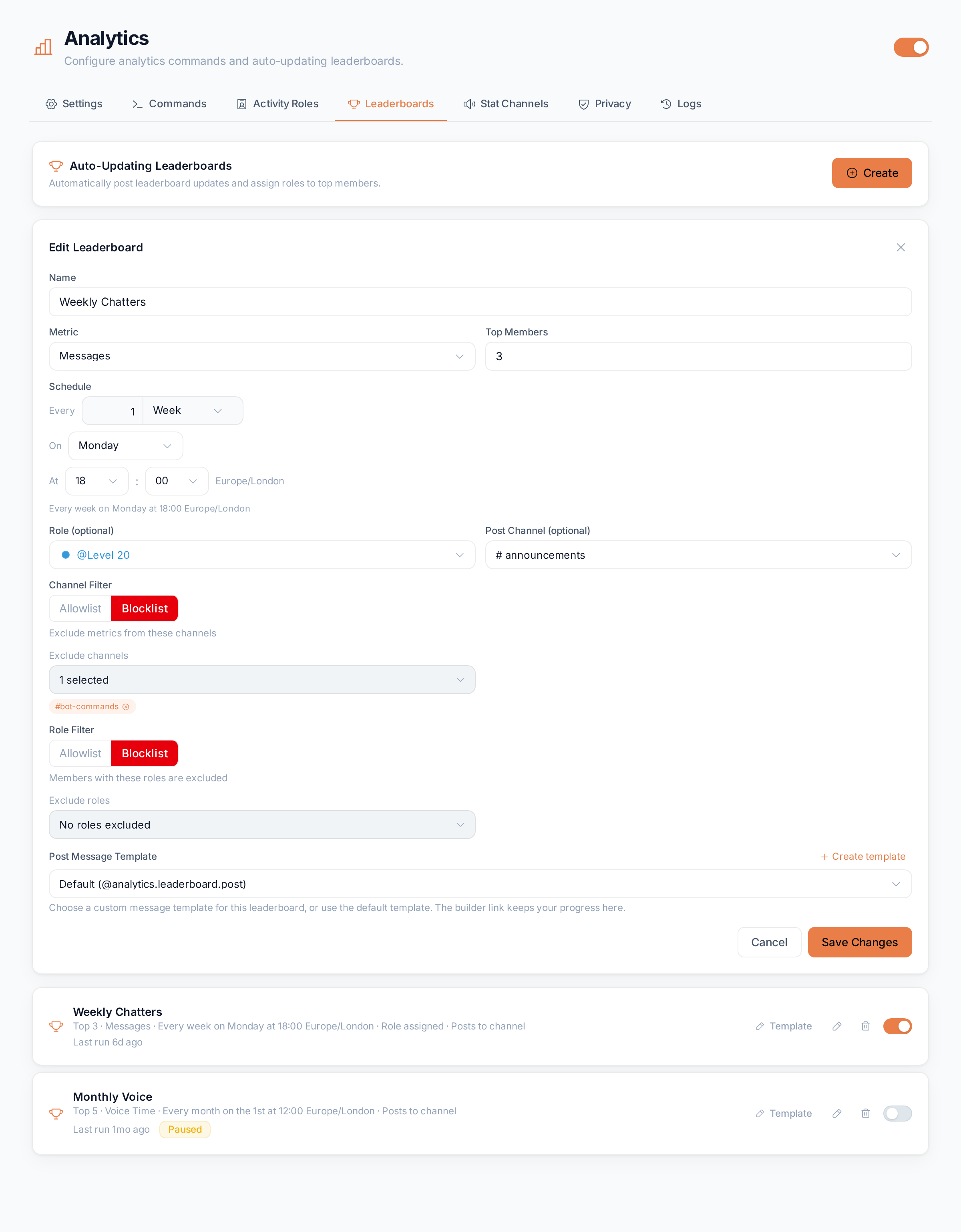 Editing the Weekly Chatters leaderboard: metric, top members, a weekly schedule, role, post channel, filters and post template
