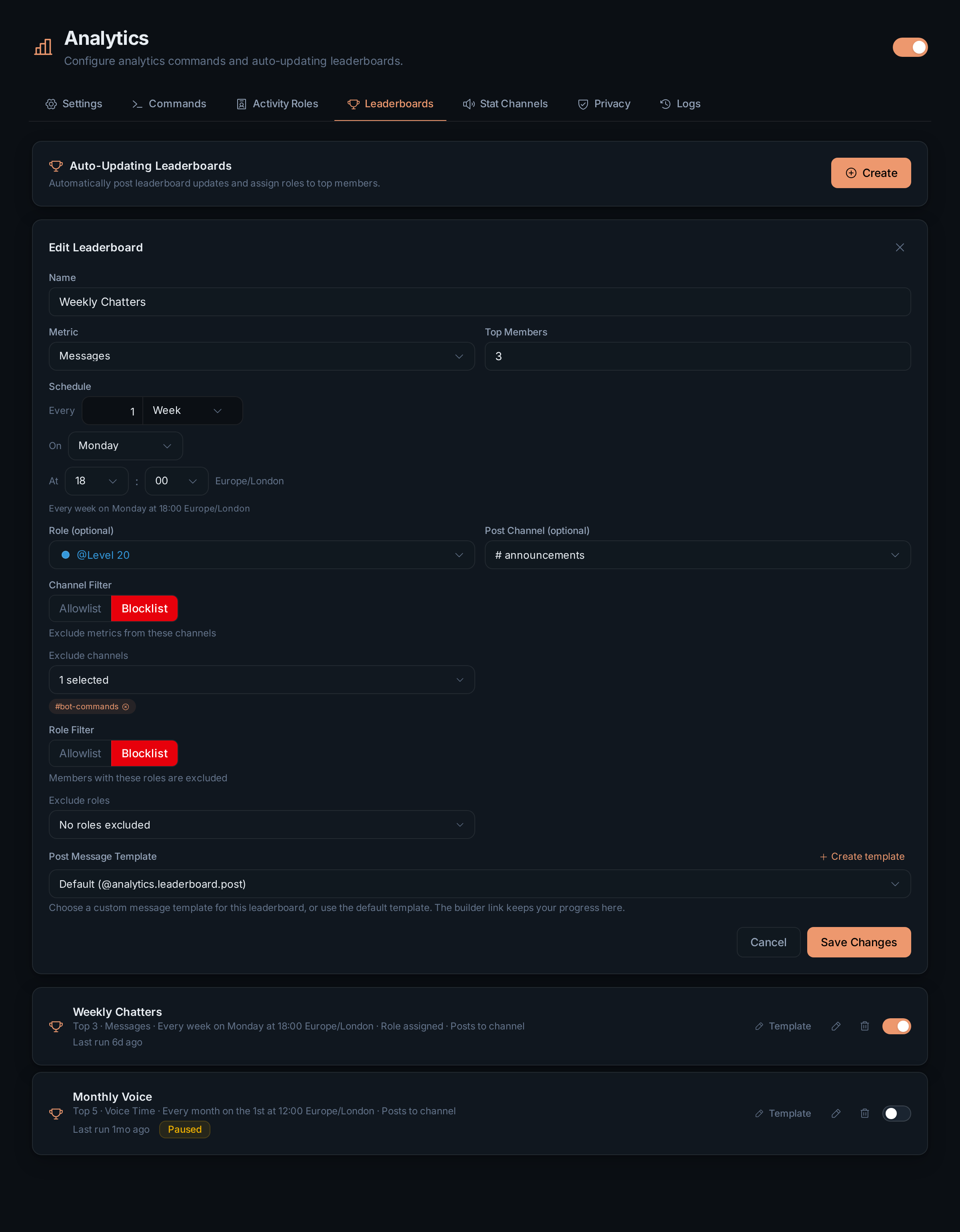 Editing the Weekly Chatters leaderboard: metric, top members, a weekly schedule, role, post channel, filters and post template