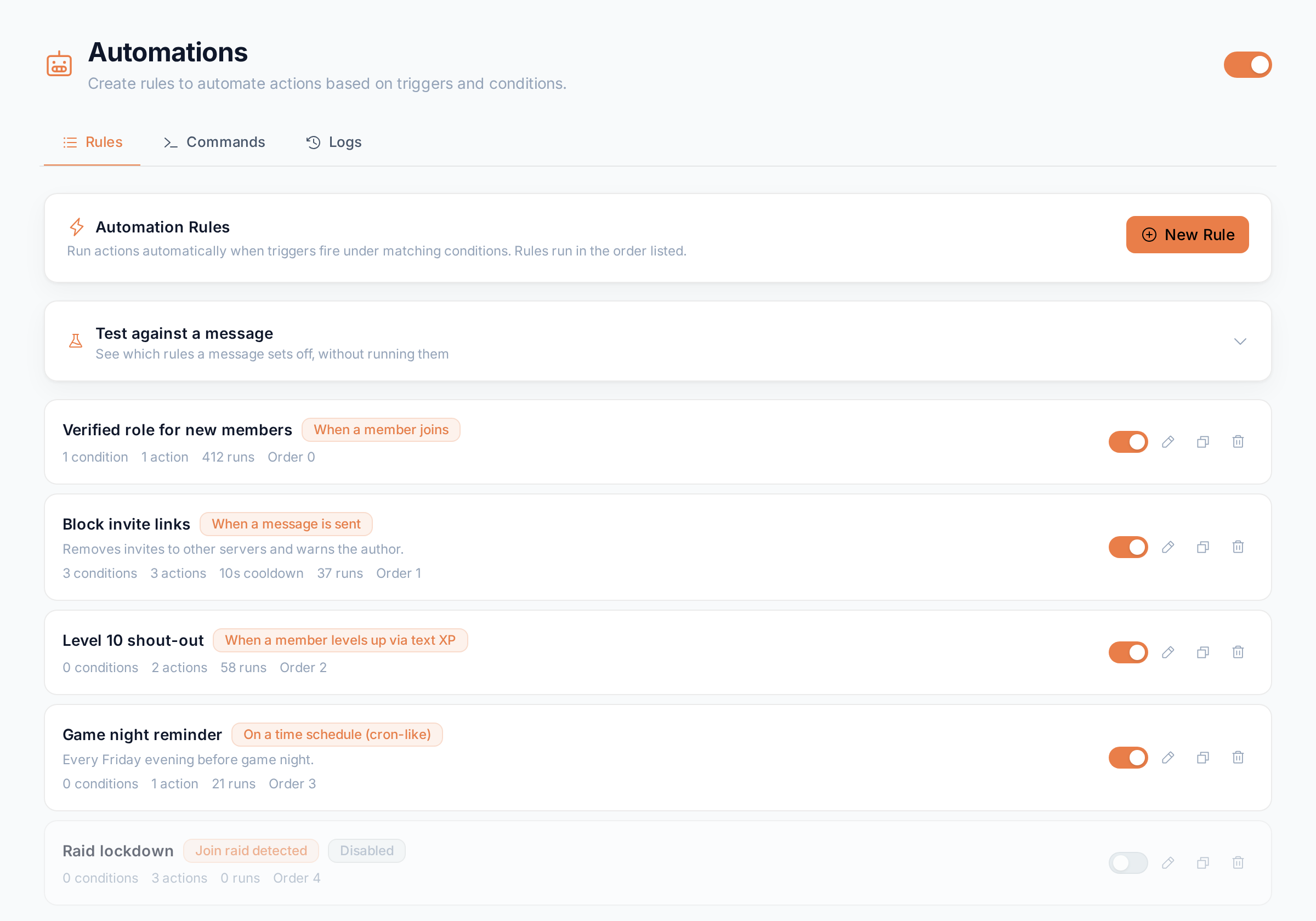 The Automations Rules tab listing five rules with their triggers, condition and action counts, run counts and order