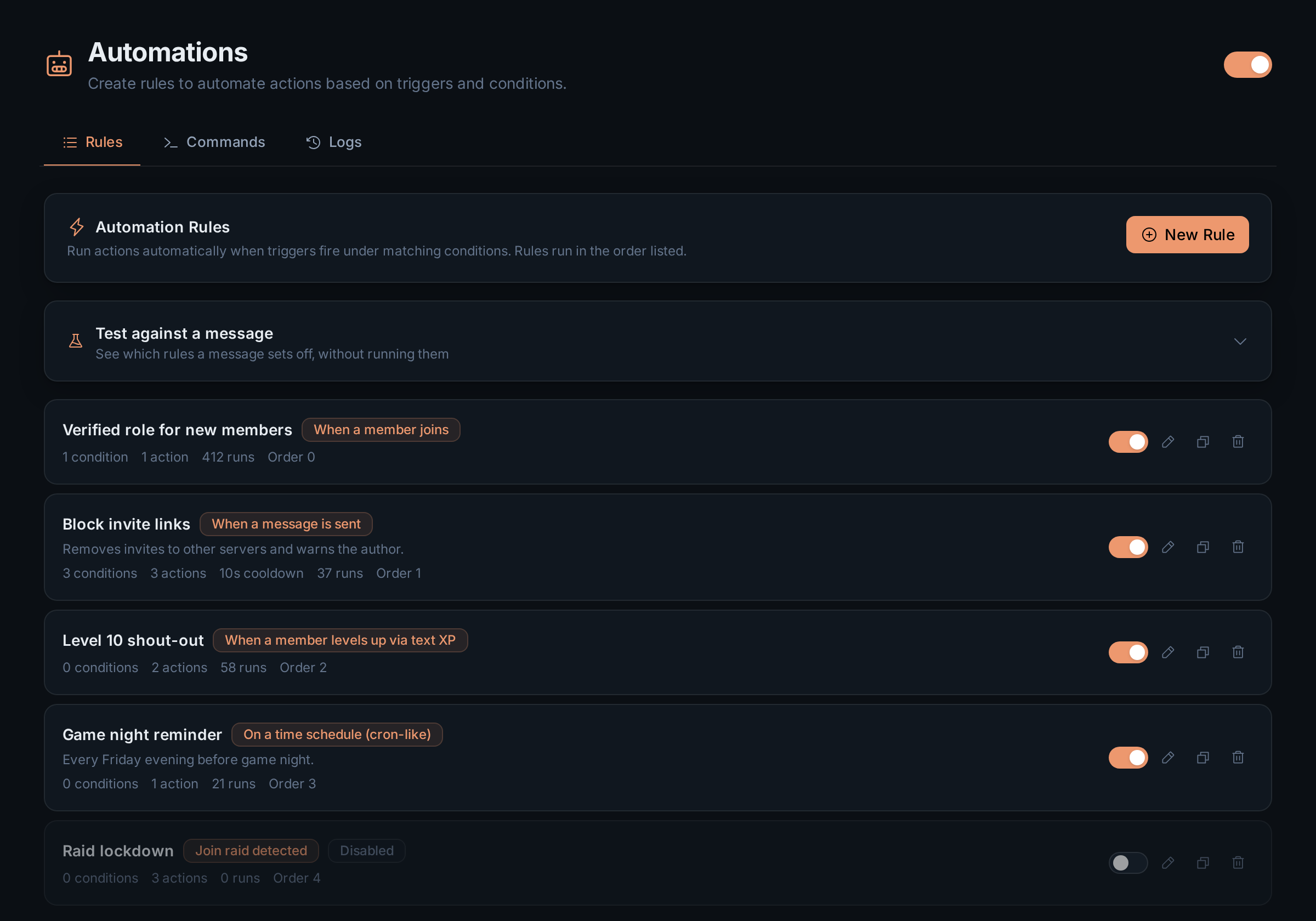 The Automations Rules tab listing five rules with their triggers, condition and action counts, run counts and order