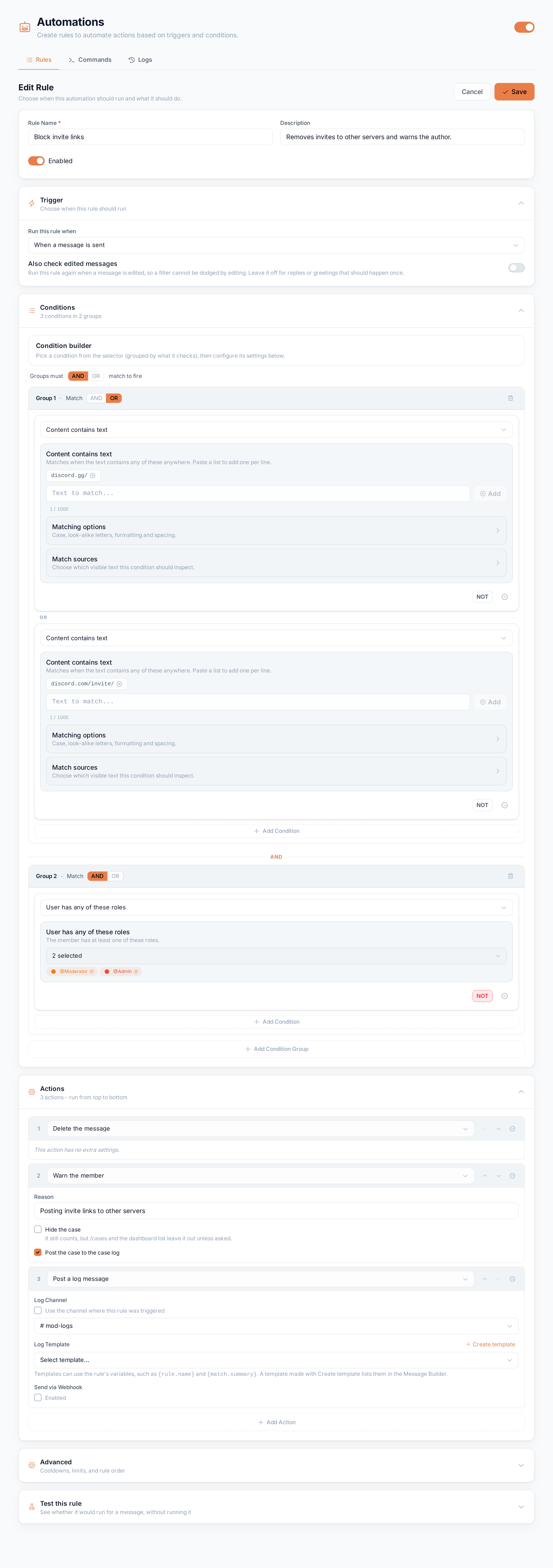 The rule editor for "Block invite links": trigger, two condition groups and three actions