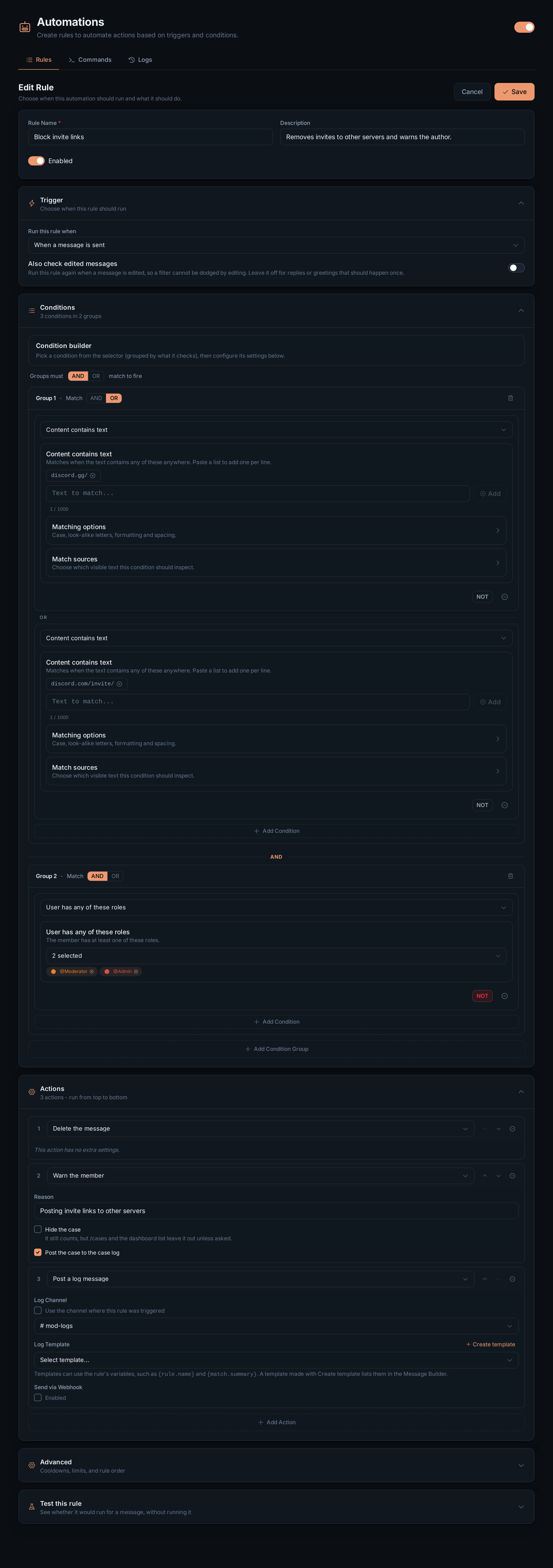 The rule editor for "Block invite links": trigger, two condition groups and three actions