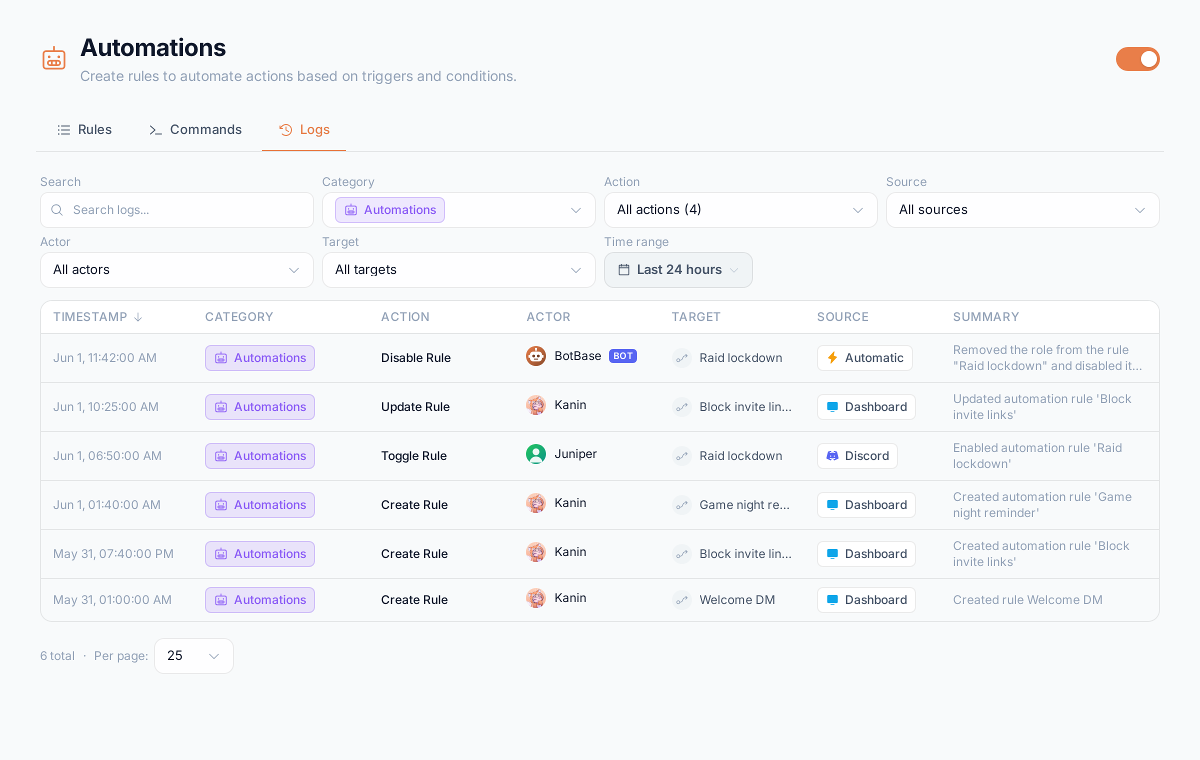 The Automations Logs tab listing rule changes with their actor, source and summary