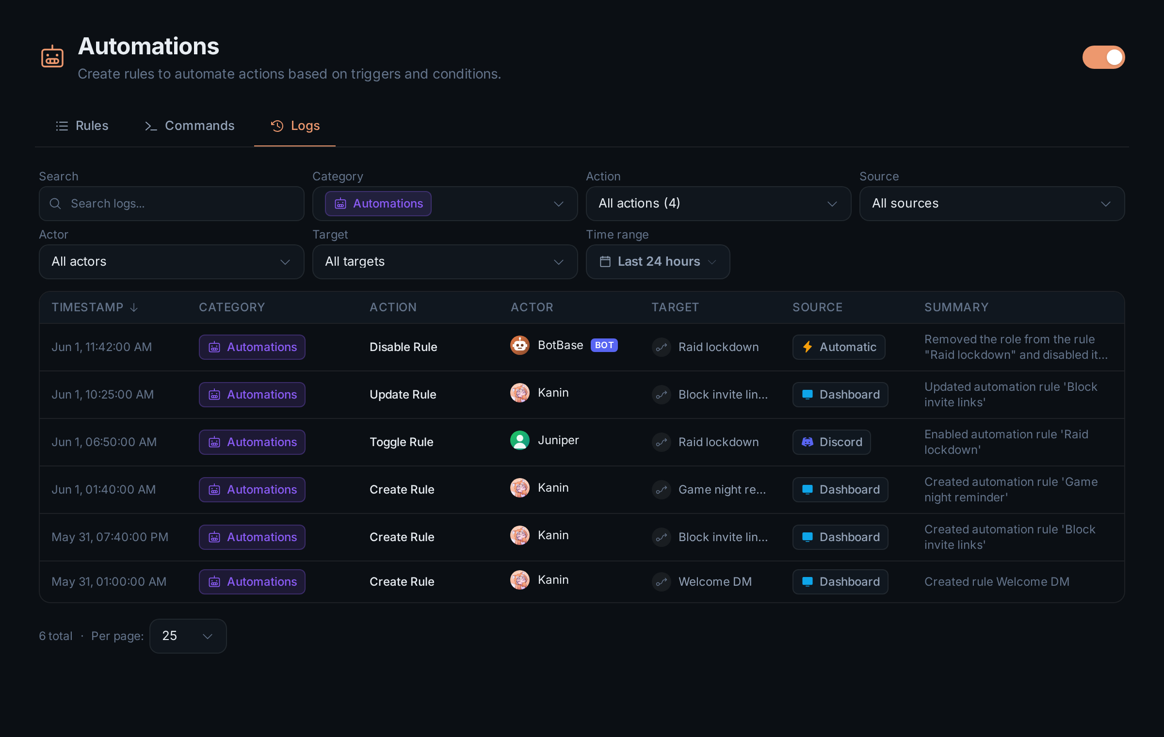 The Automations Logs tab listing rule changes with their actor, source and summary