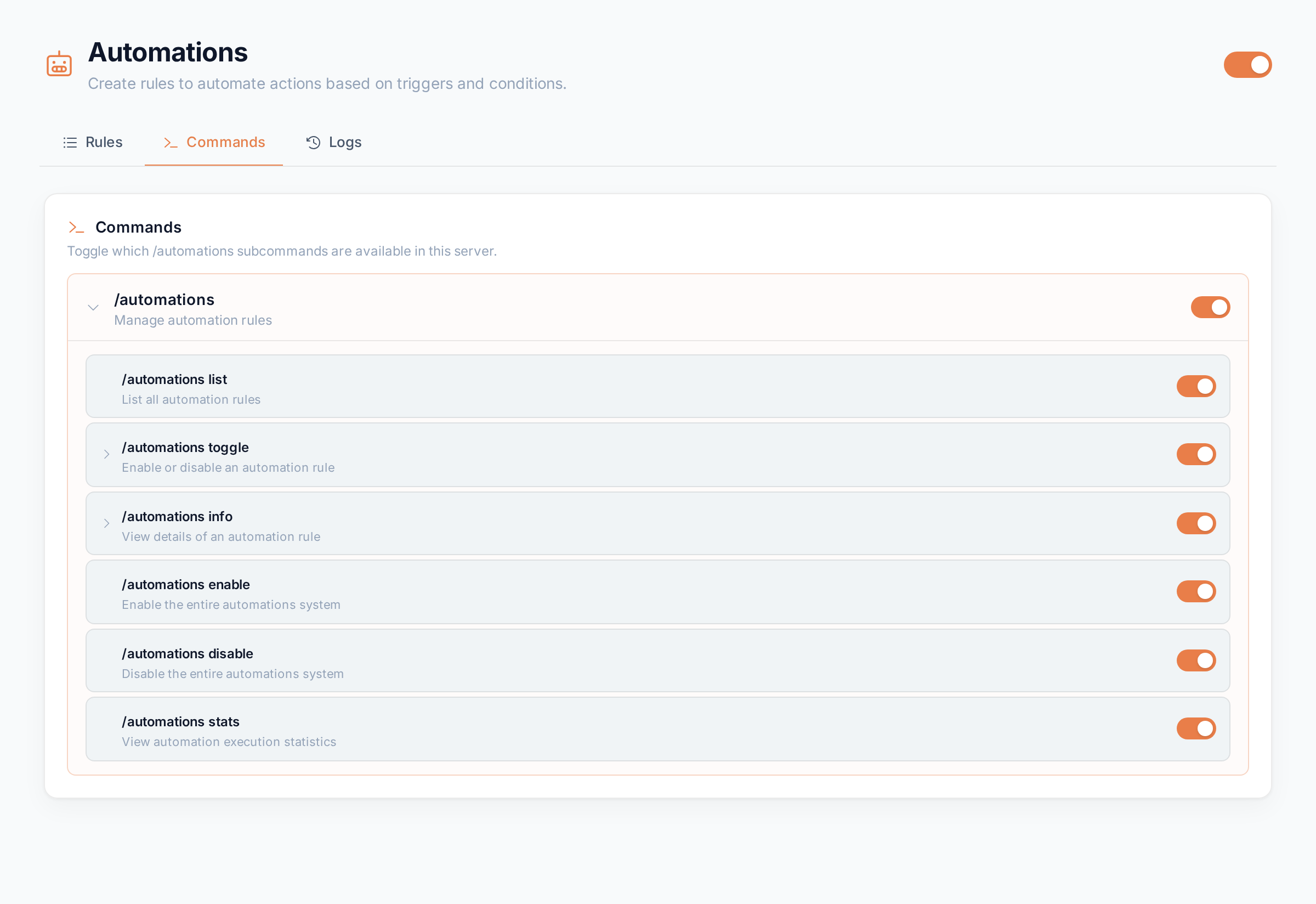 The Automations Commands tab with the /automations group expanded to its six subcommands