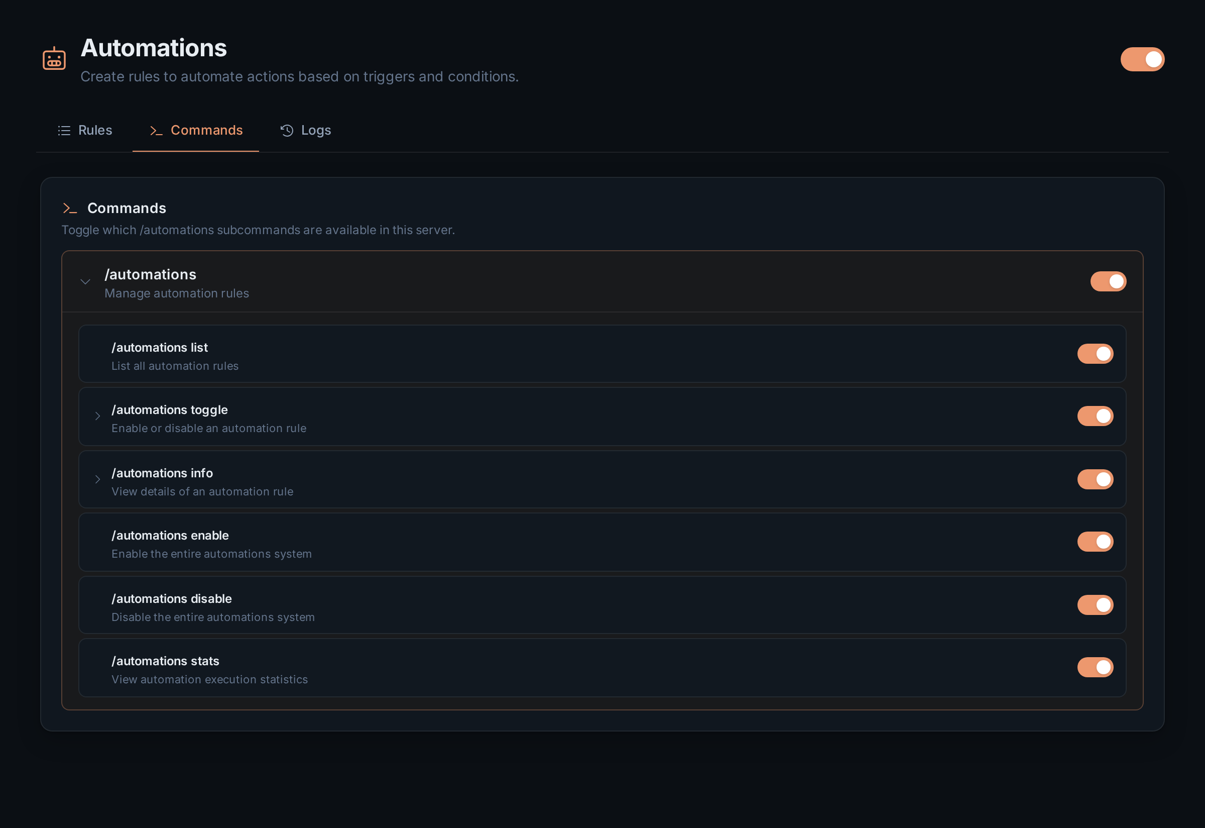 The Automations Commands tab with the /automations group expanded to its six subcommands