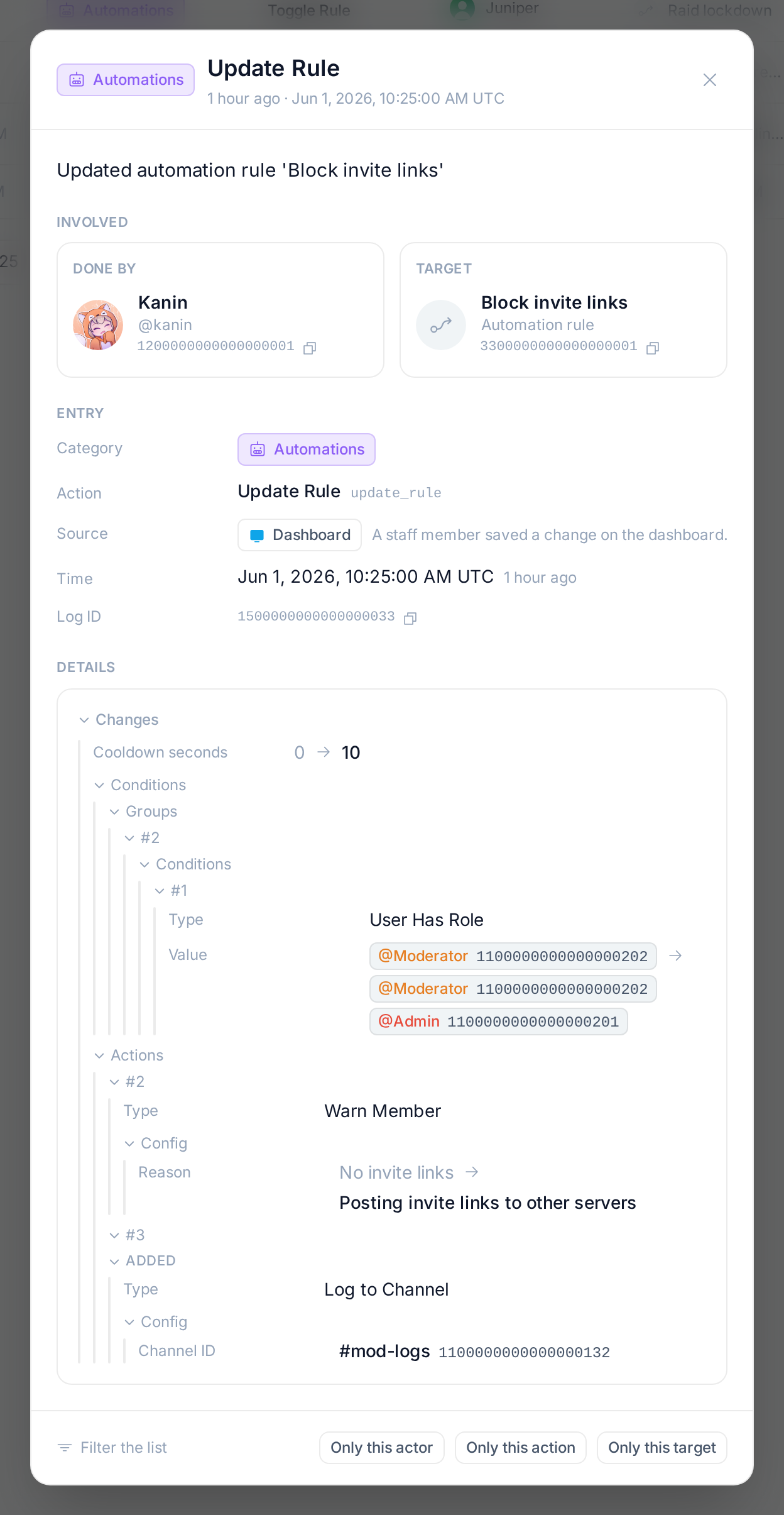An edited rule's entry: the cooldown, a condition and two actions, before and after