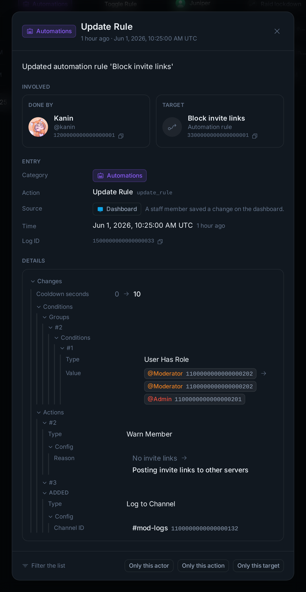 An edited rule's entry: the cooldown, a condition and two actions, before and after