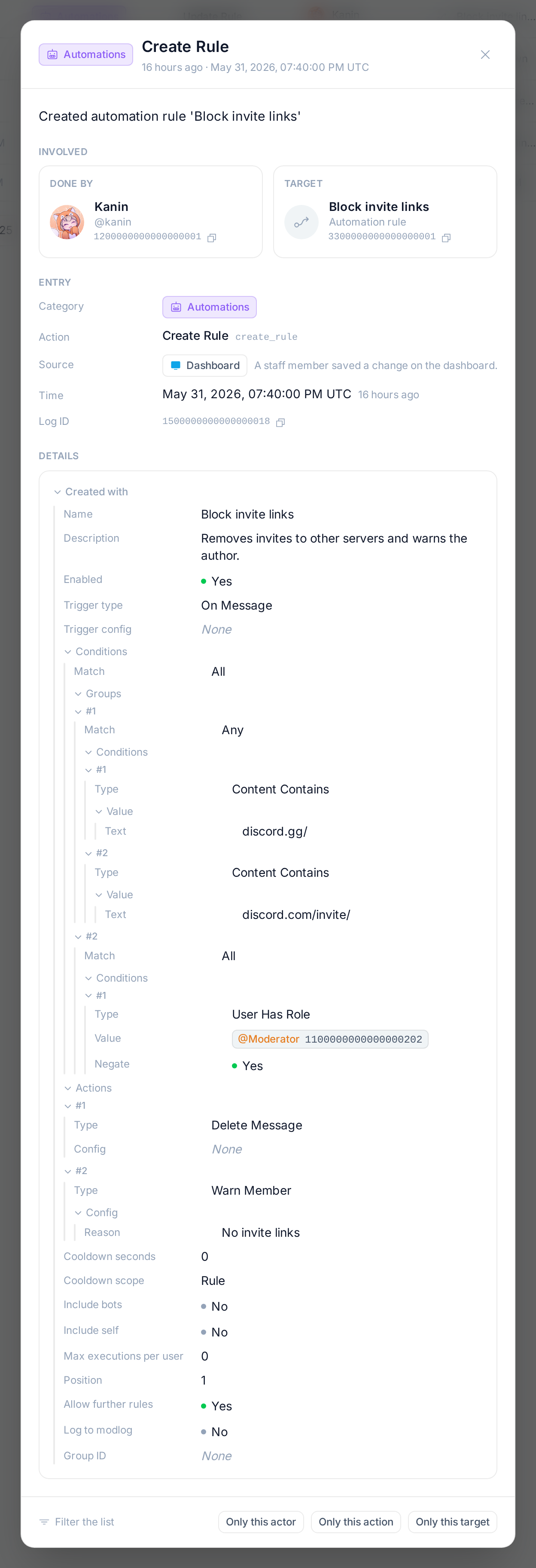 A created rule's entry: its trigger, condition groups, actions and options