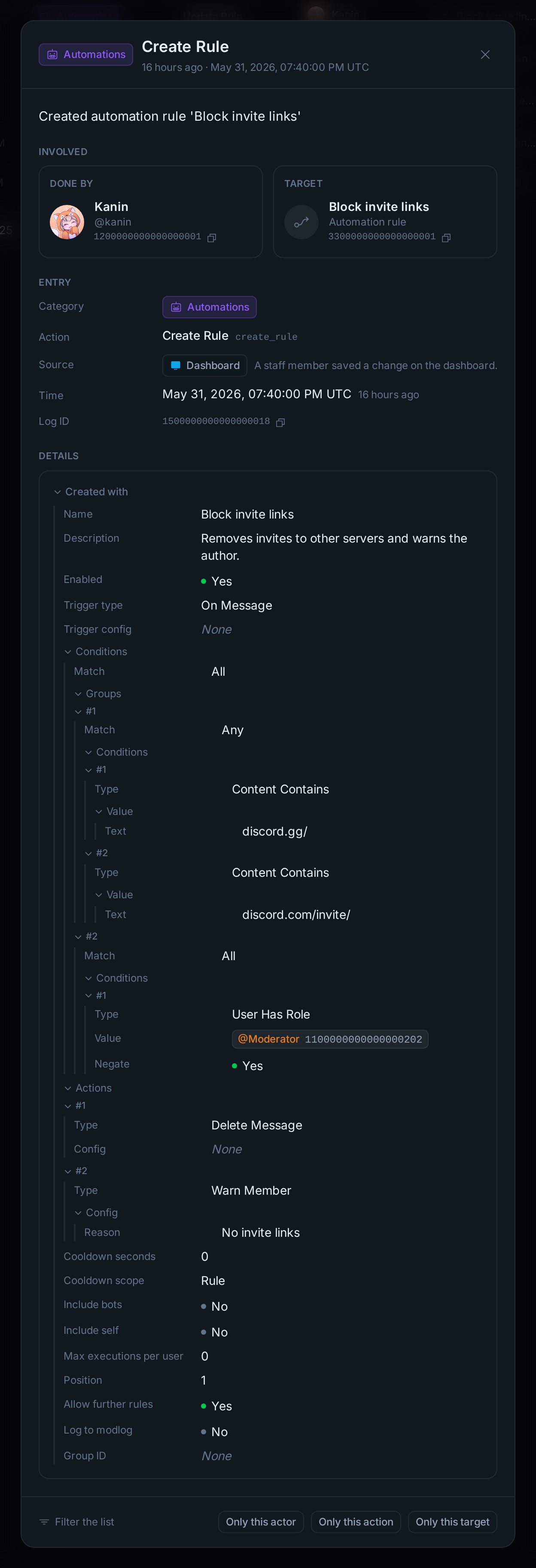 A created rule's entry: its trigger, condition groups, actions and options