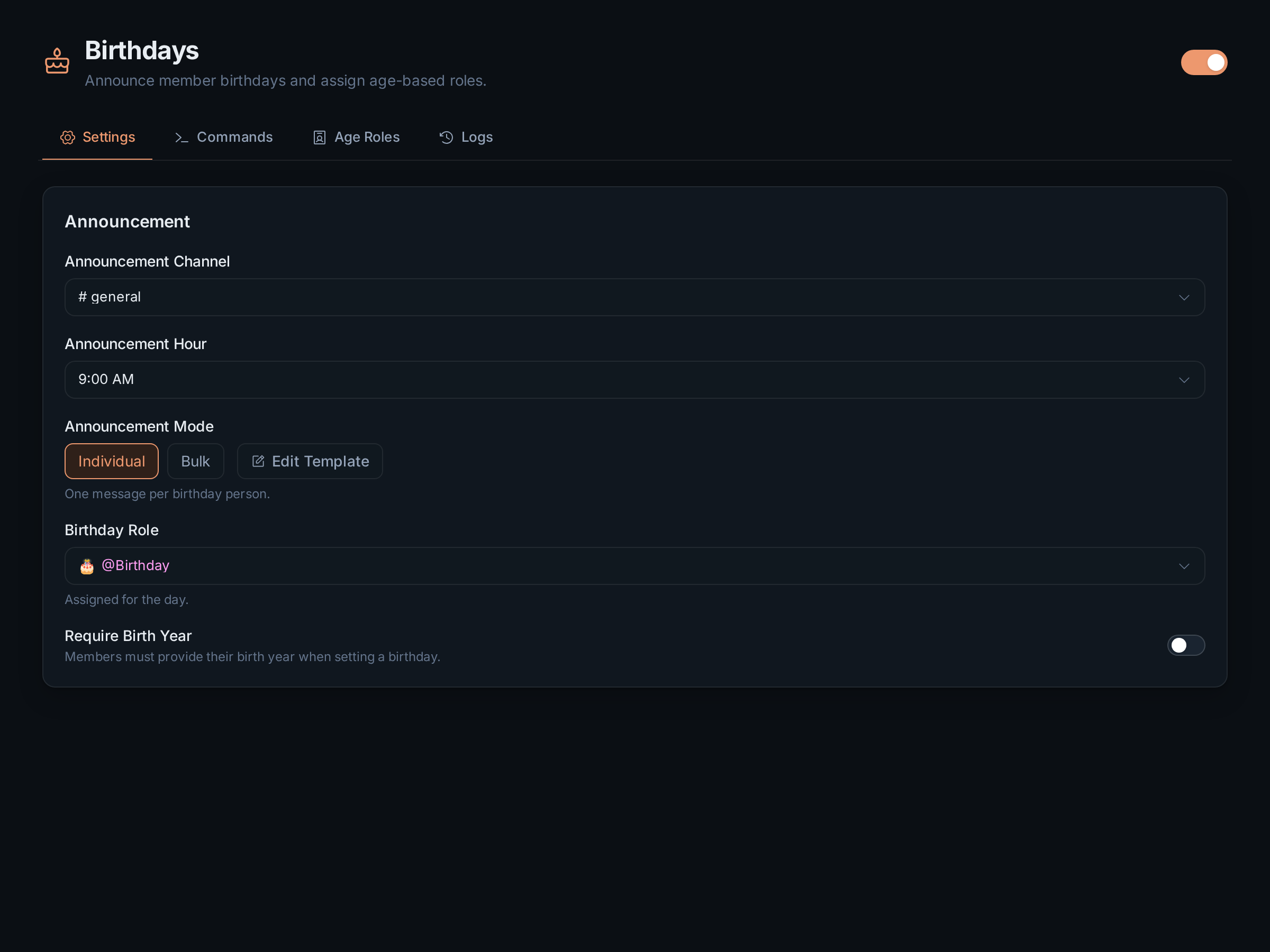 Settings in individual mode