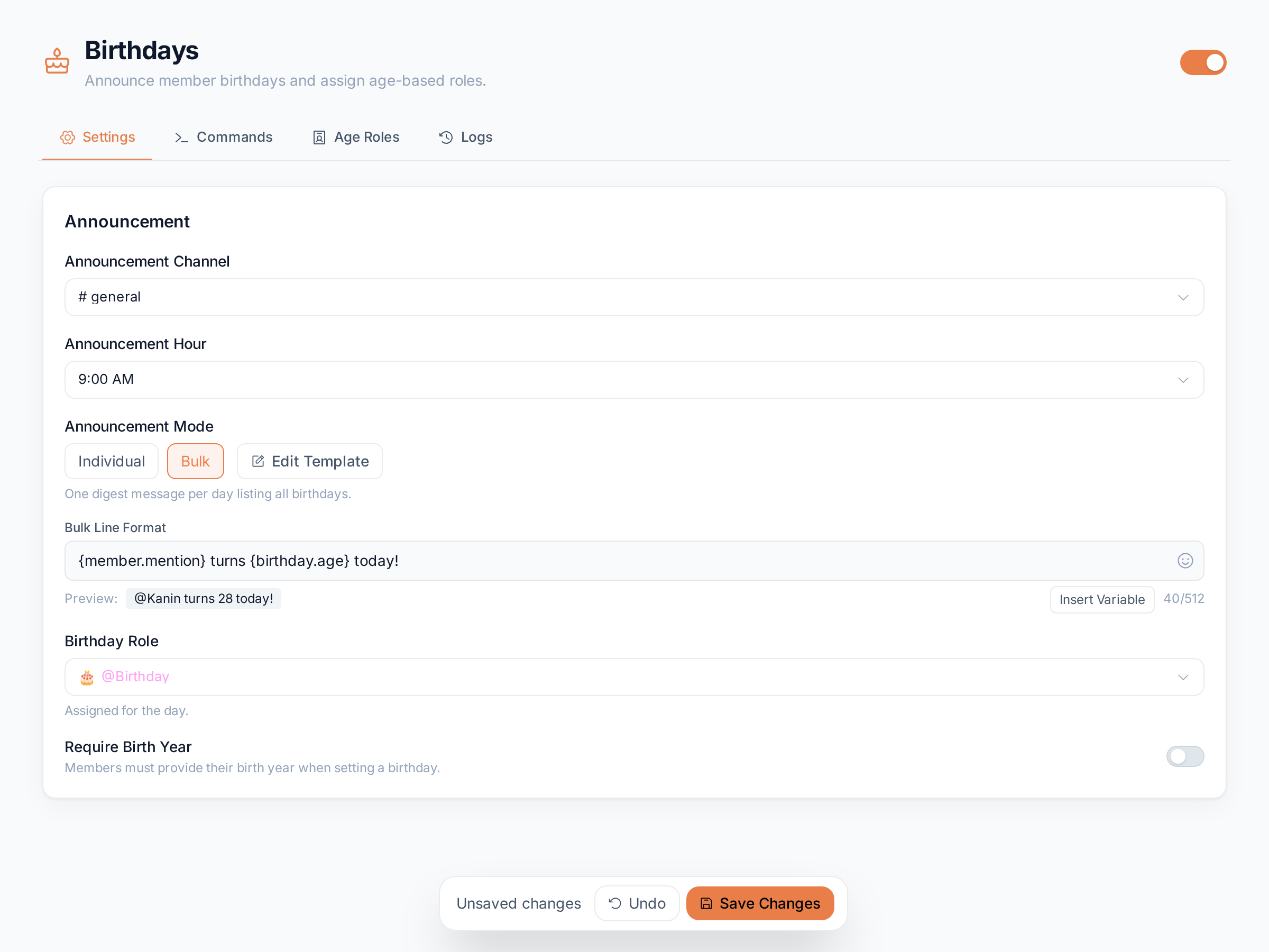 Settings in bulk mode