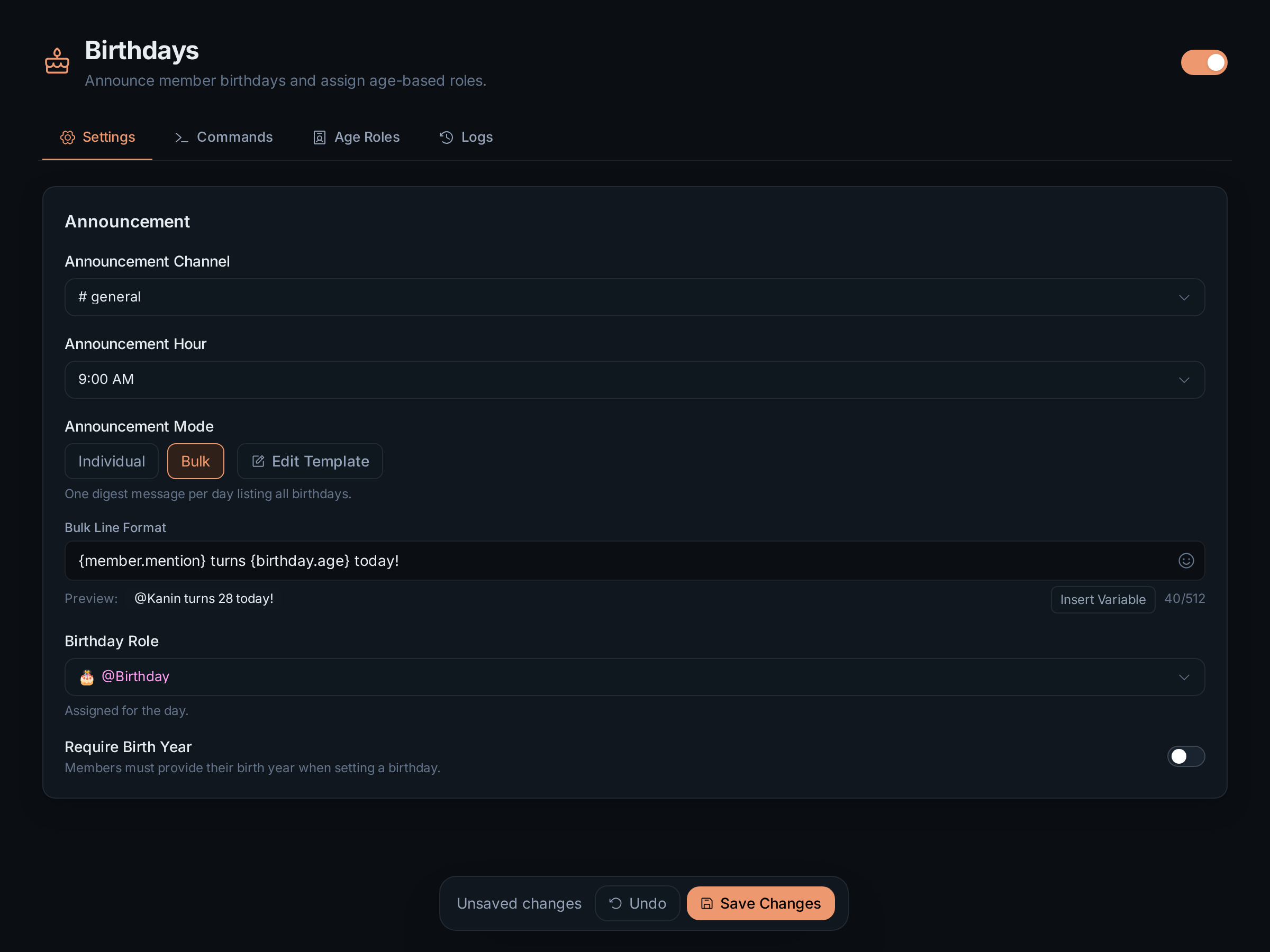 Settings in bulk mode