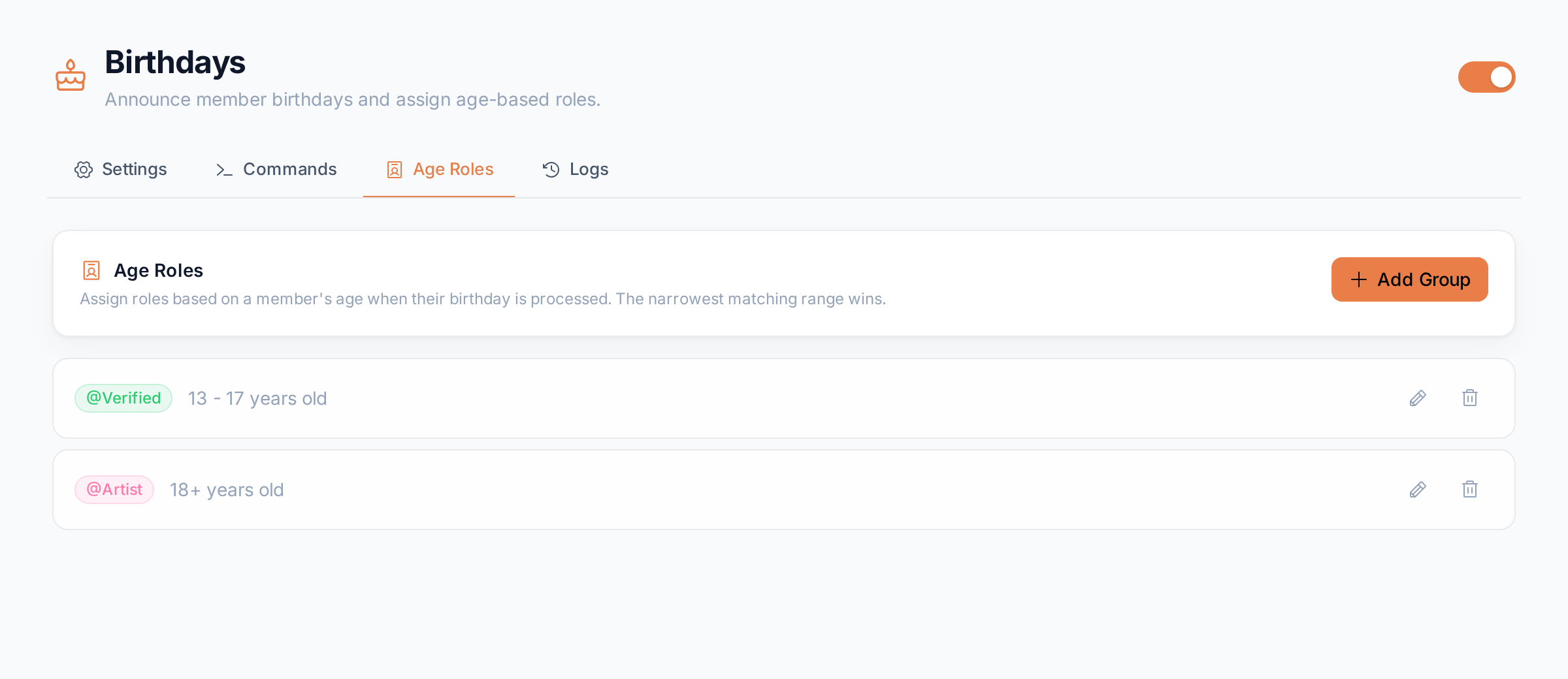 The Age Roles tab with two groups