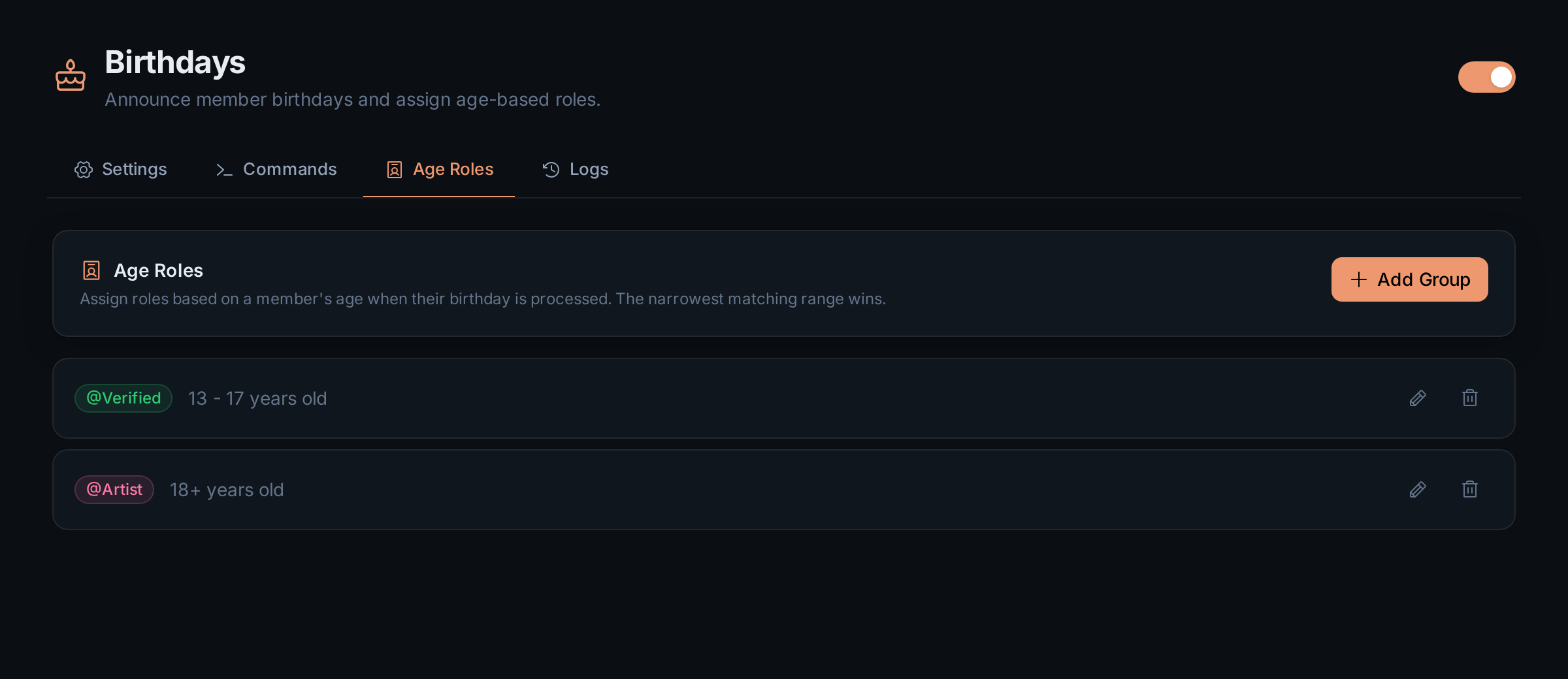 The Age Roles tab with two groups