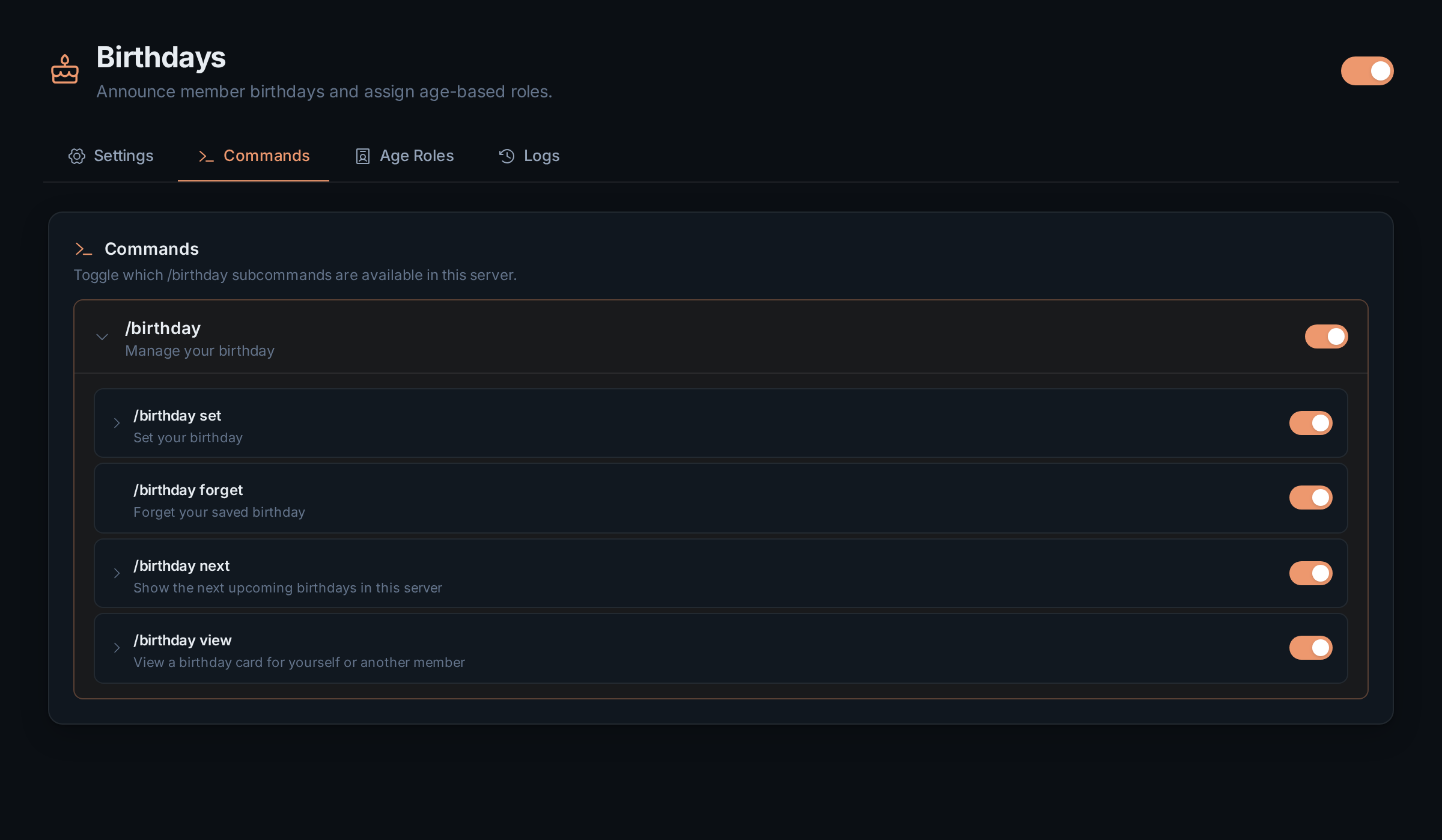 The Commands tab with the /birthday group open