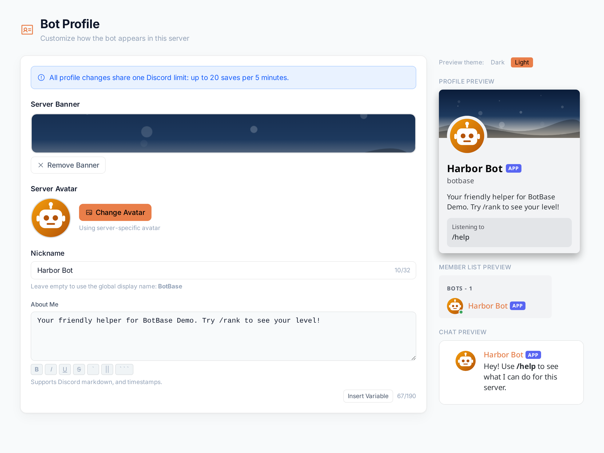 The Bot Profile page with a custom avatar, banner, nickname and bio