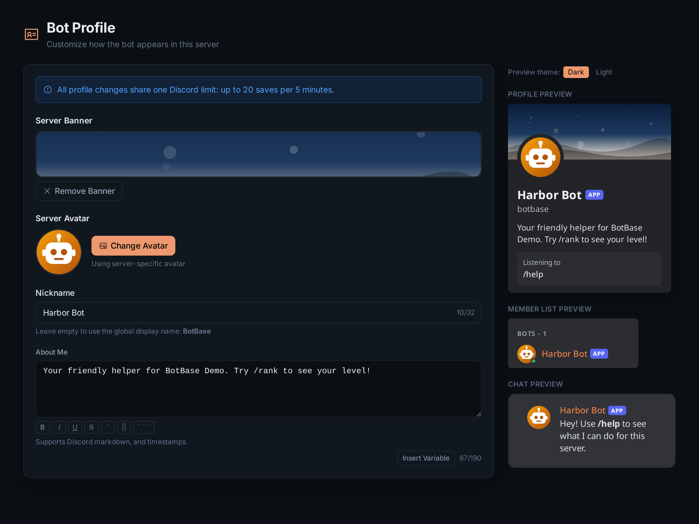 The Bot Profile page with a custom avatar, banner, nickname and bio