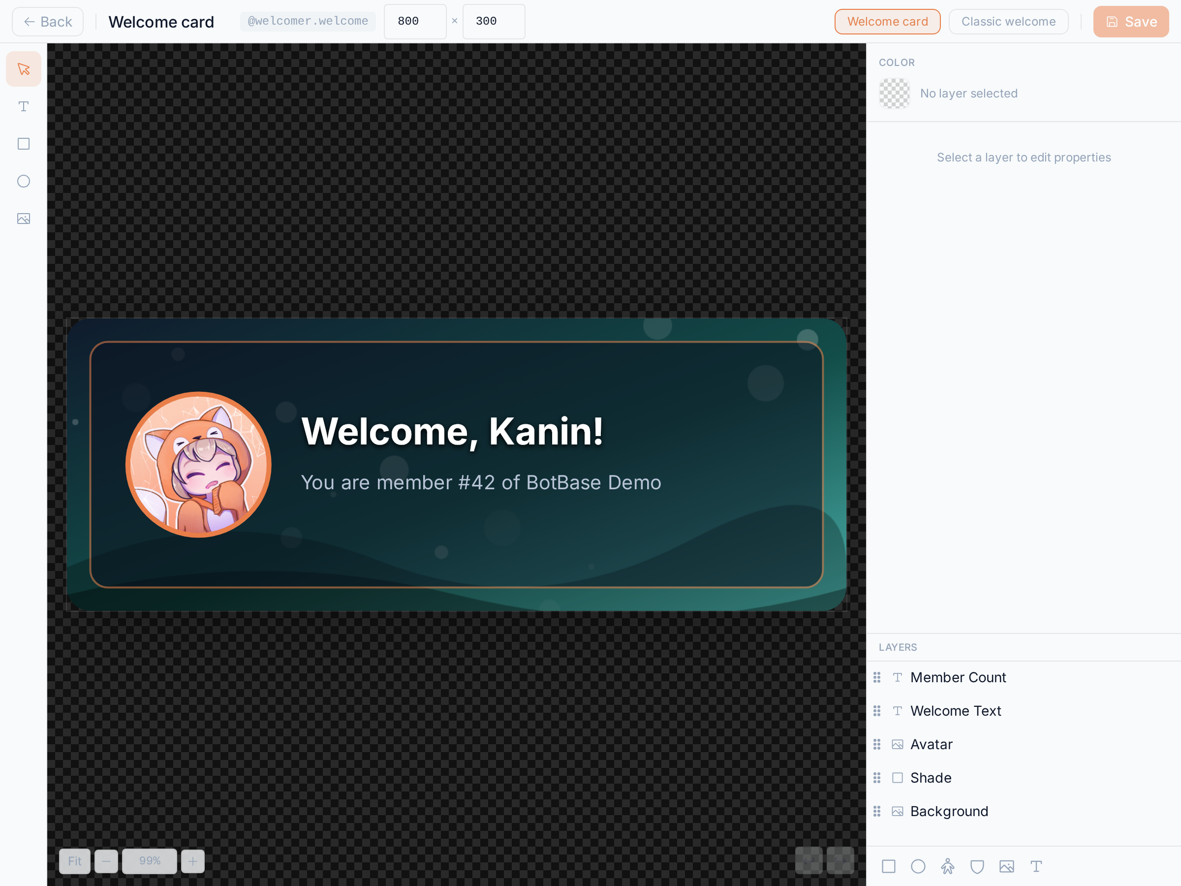 The Image Builder editing the welcome card
