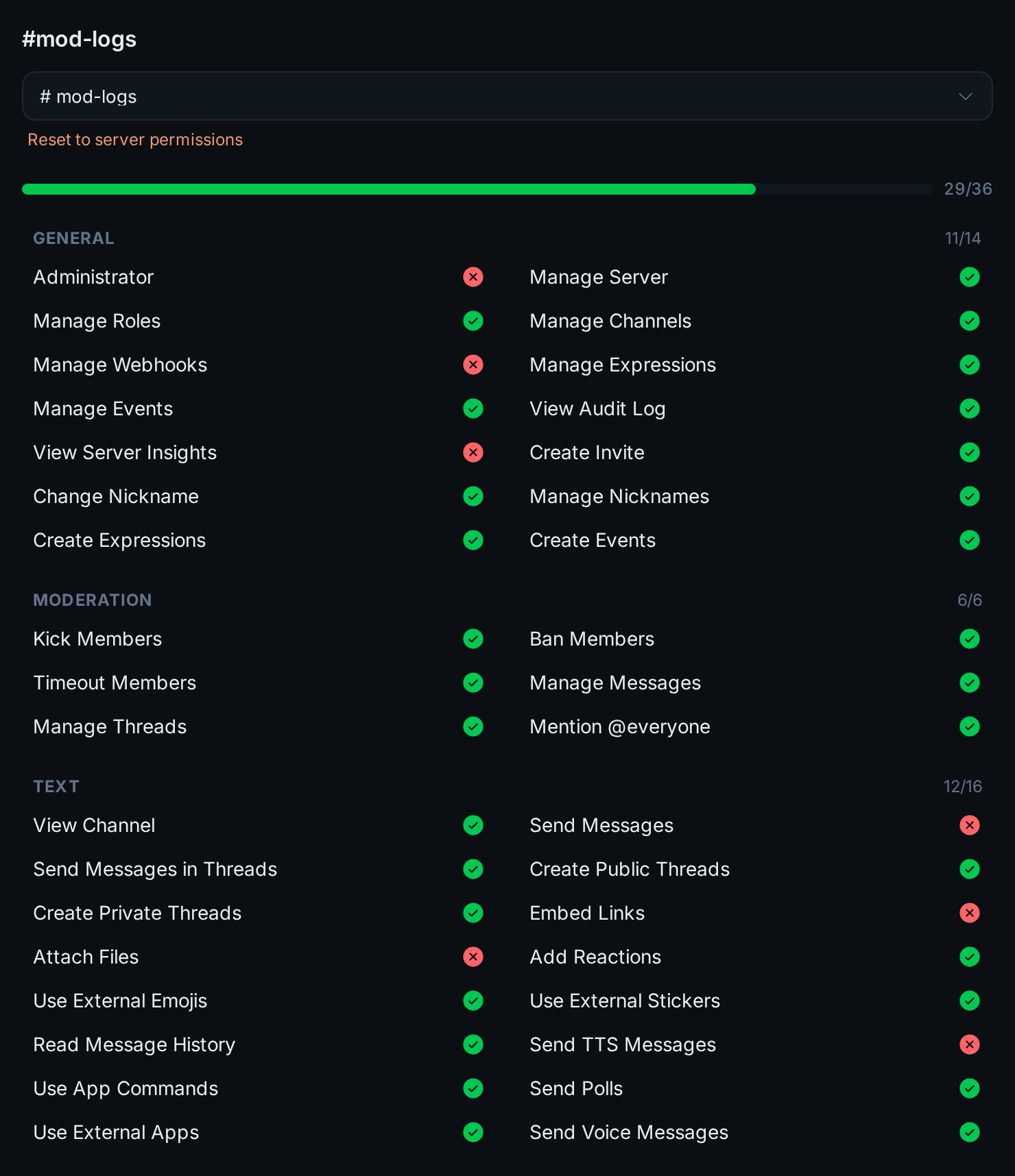 The bot's permissions in the mod-logs channel