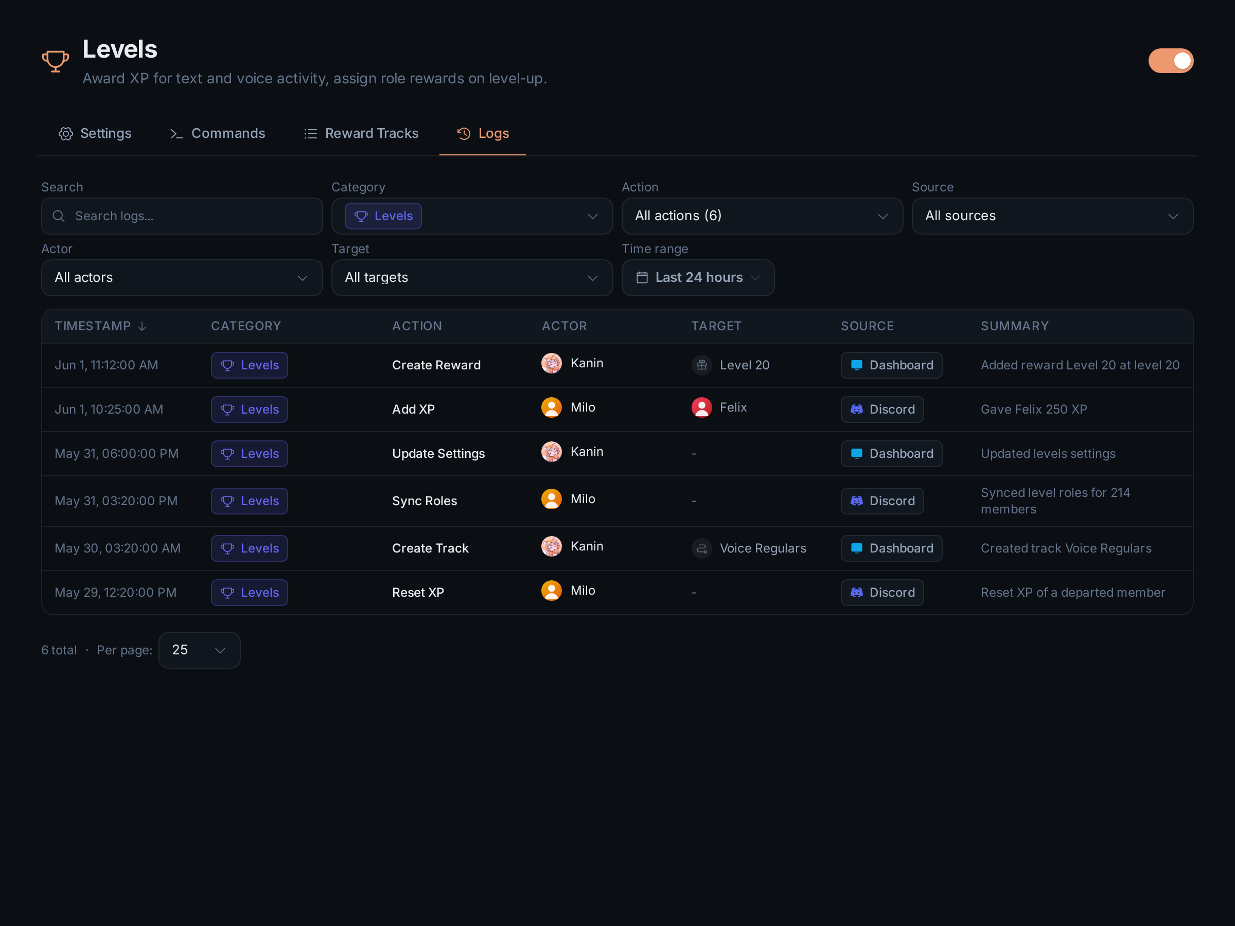 The Levels module's Logs tab