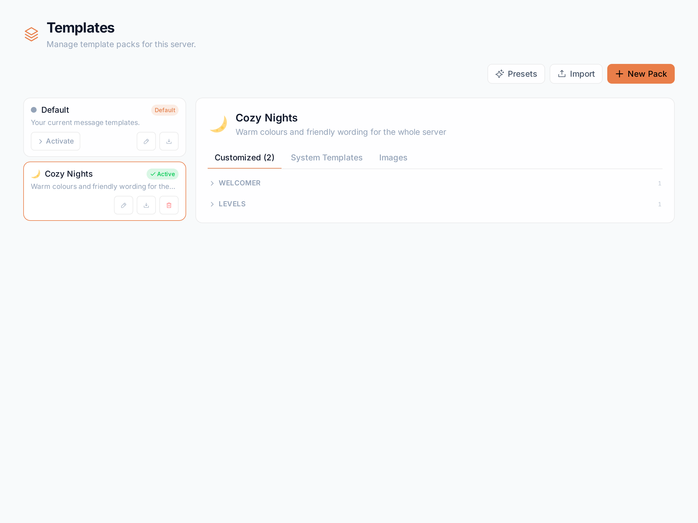 The Templates page with two packs