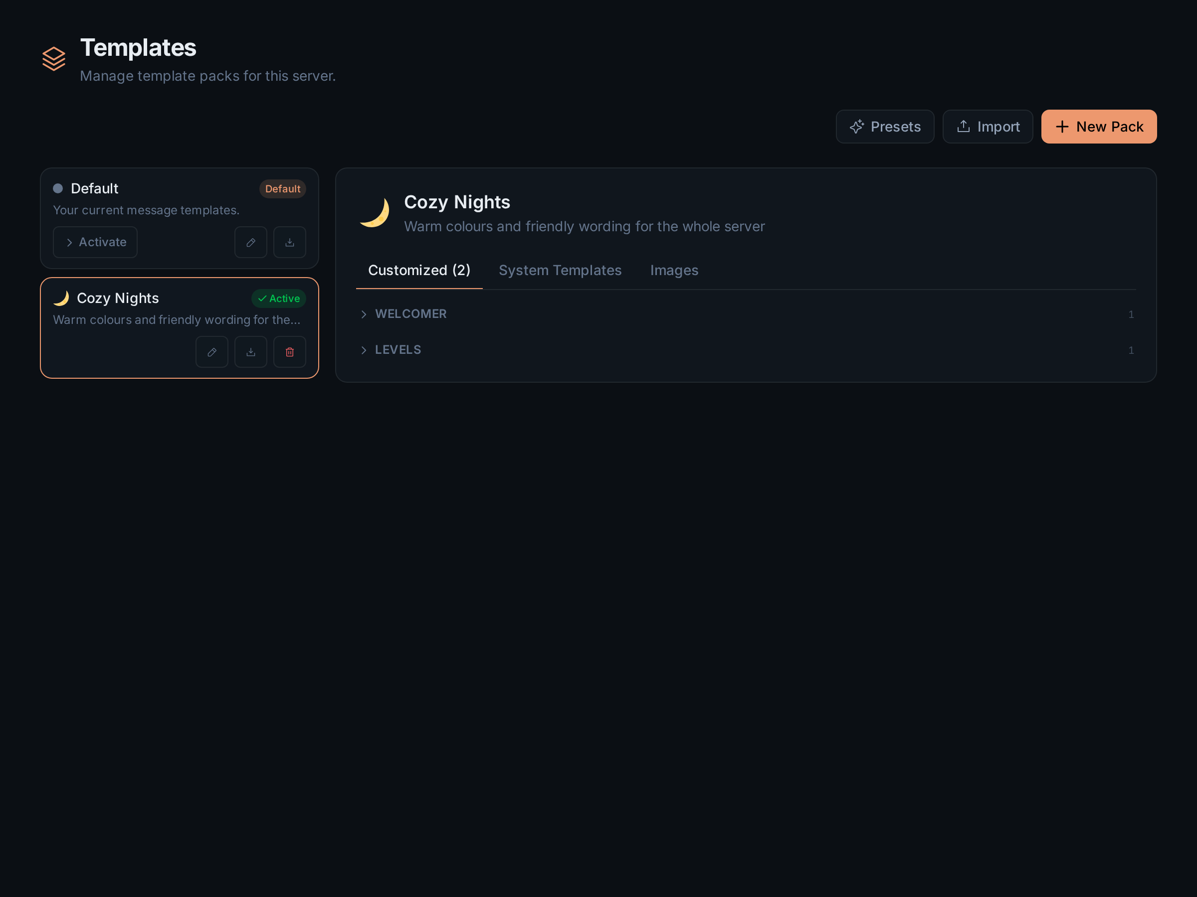 The Templates page with two packs