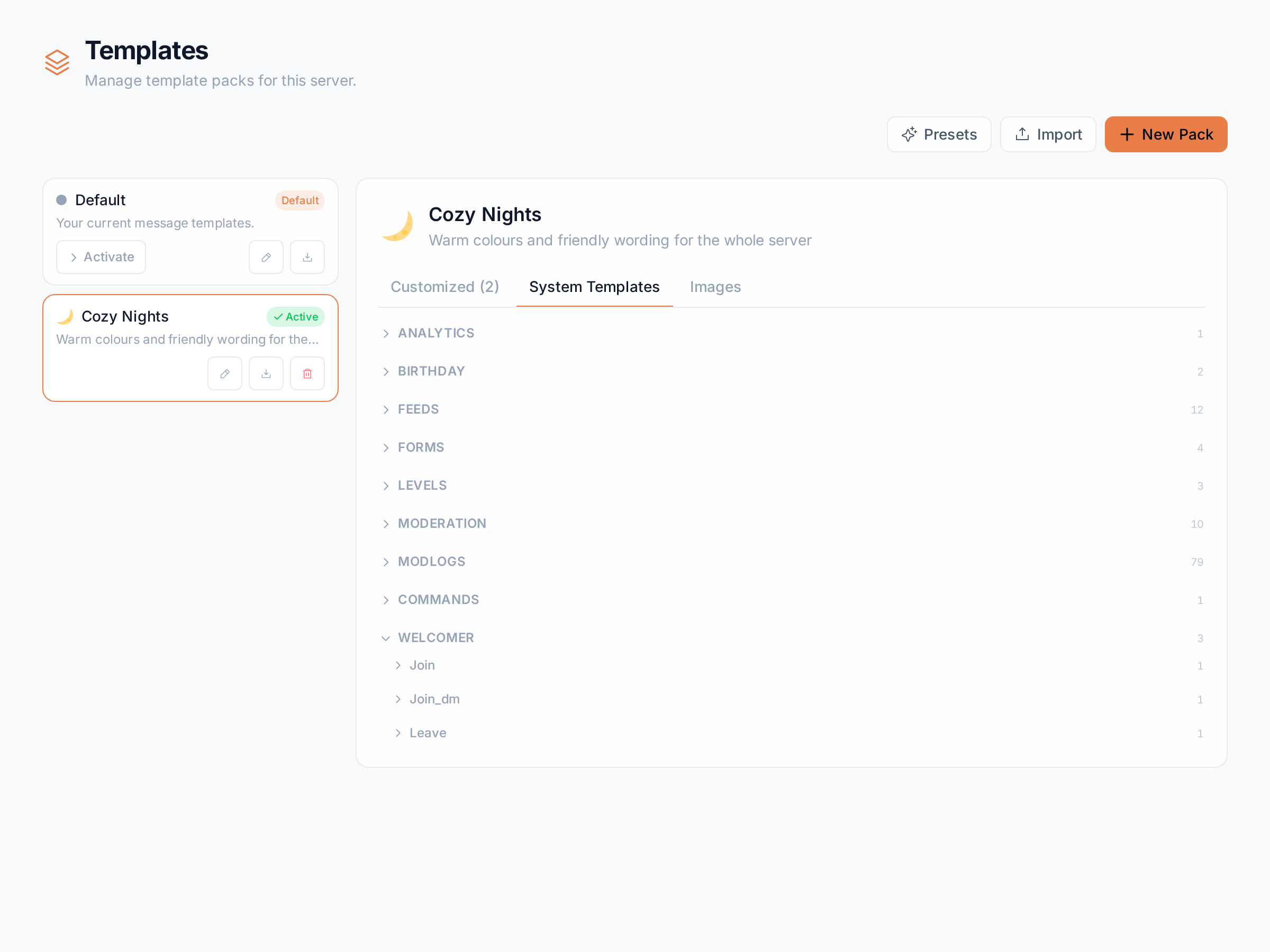 The System Templates tab grouped by module