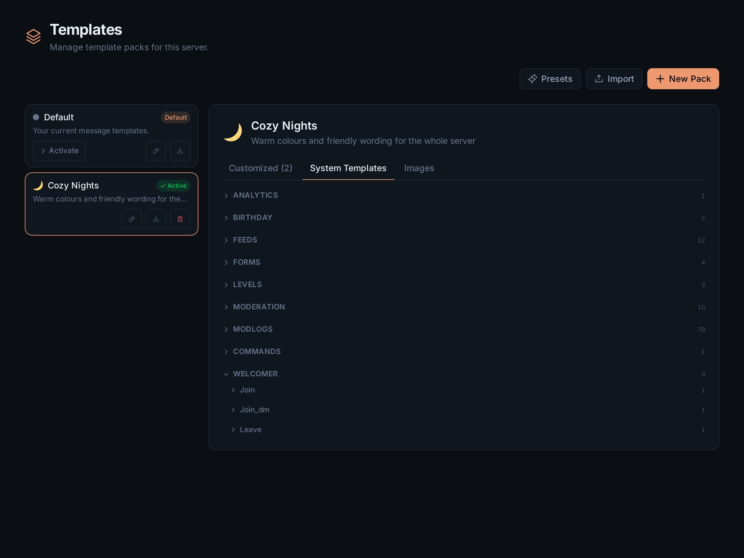 The System Templates tab grouped by module