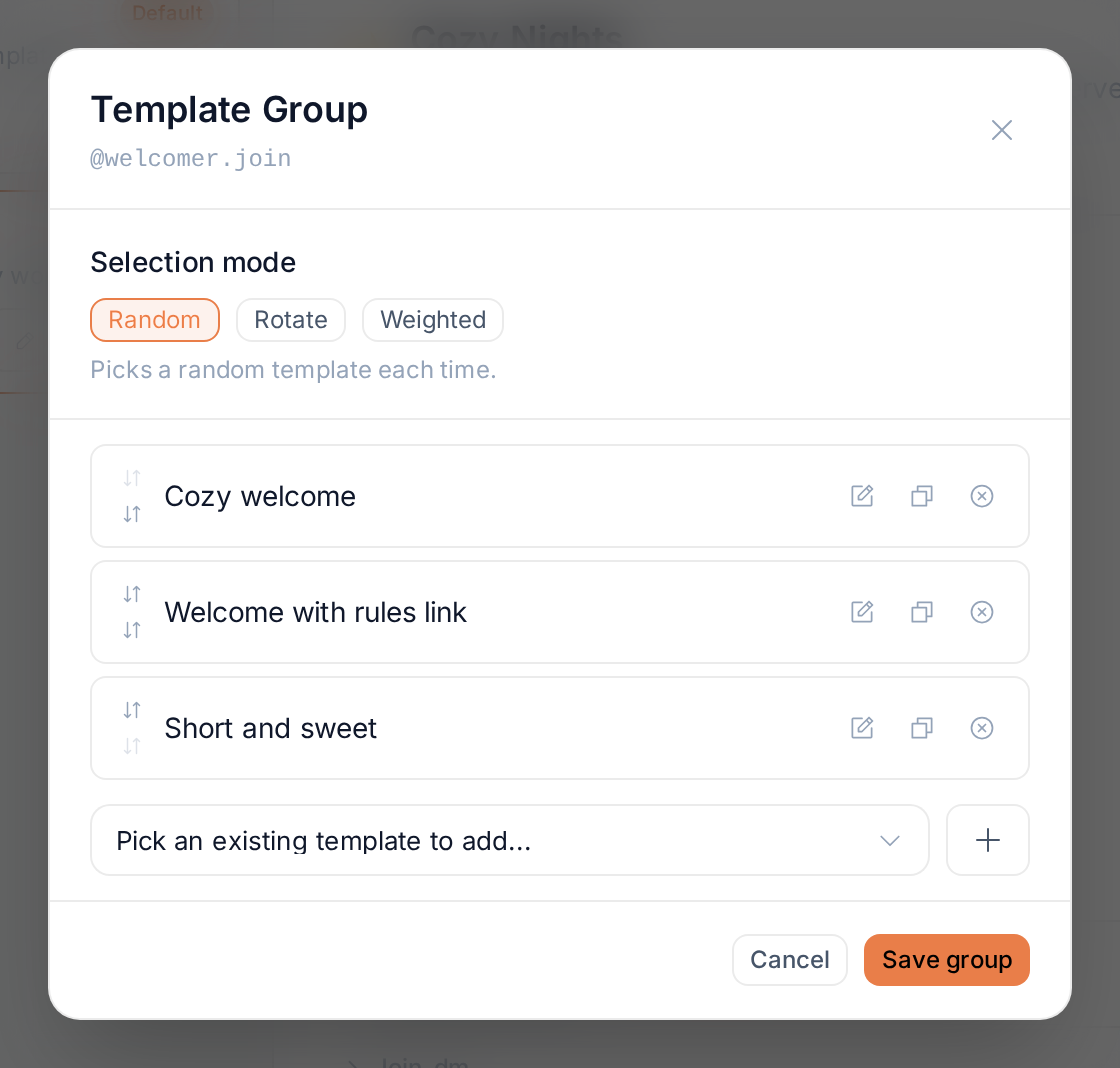 The Template Group dialog with three variants