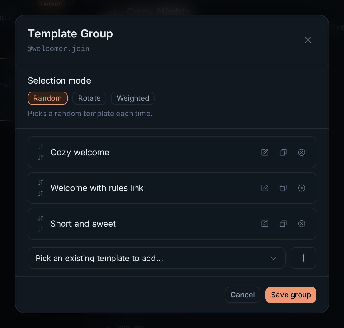 The Template Group dialog with three variants