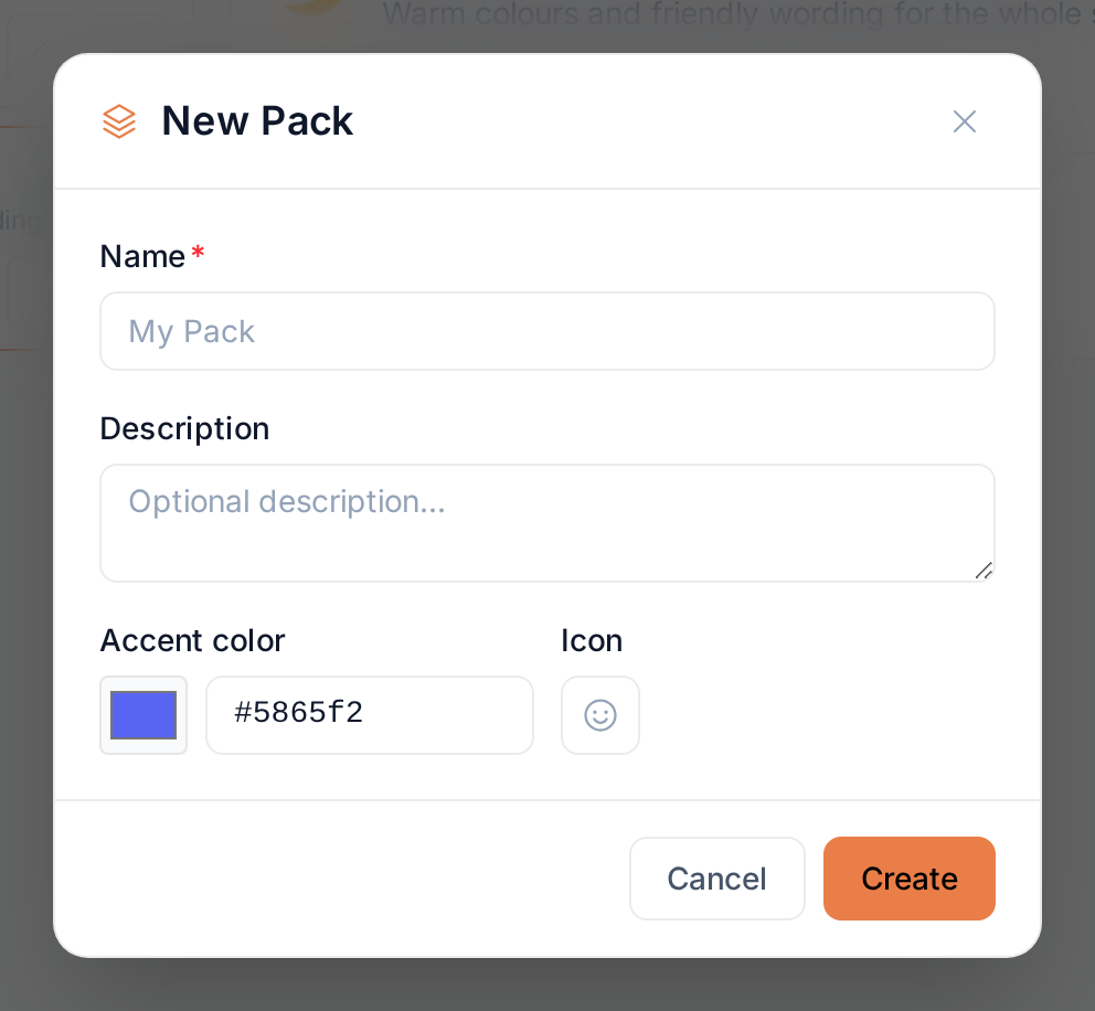 The New Pack dialog