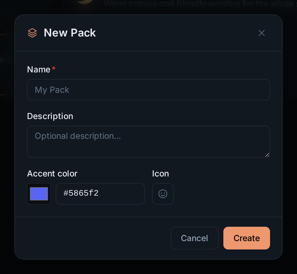 The New Pack dialog