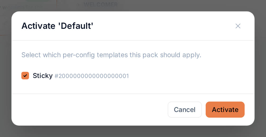 The pack activation dialog
