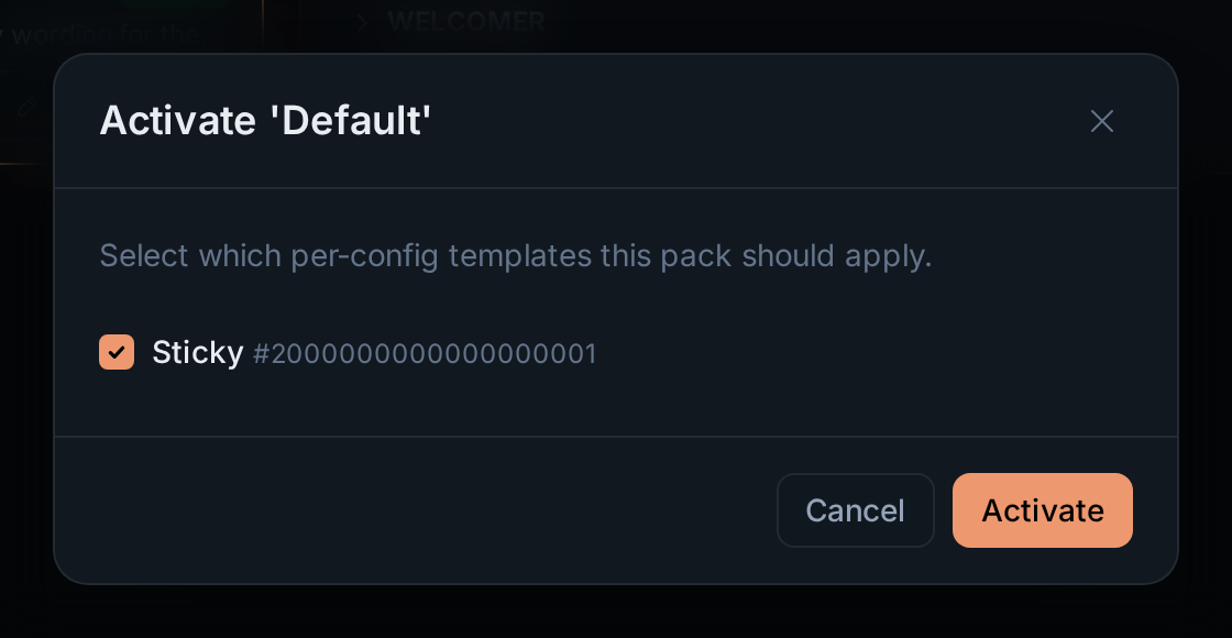 The pack activation dialog