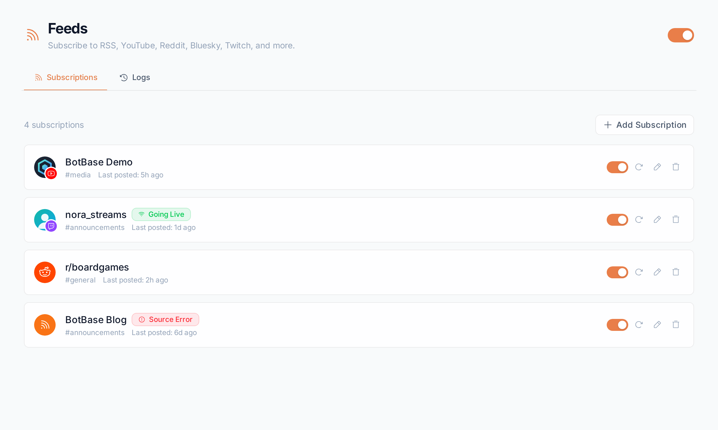 The Subscriptions tab