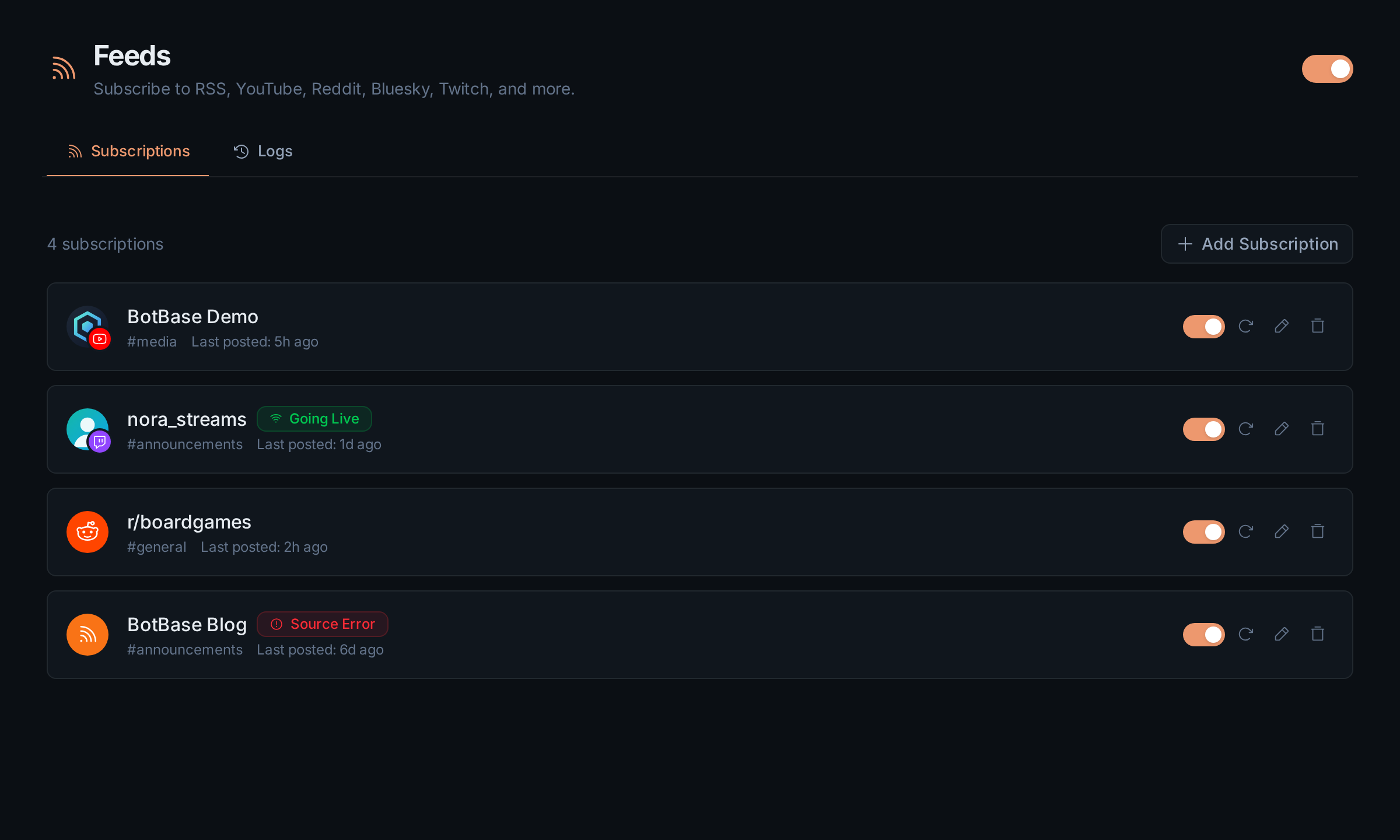 The Subscriptions tab