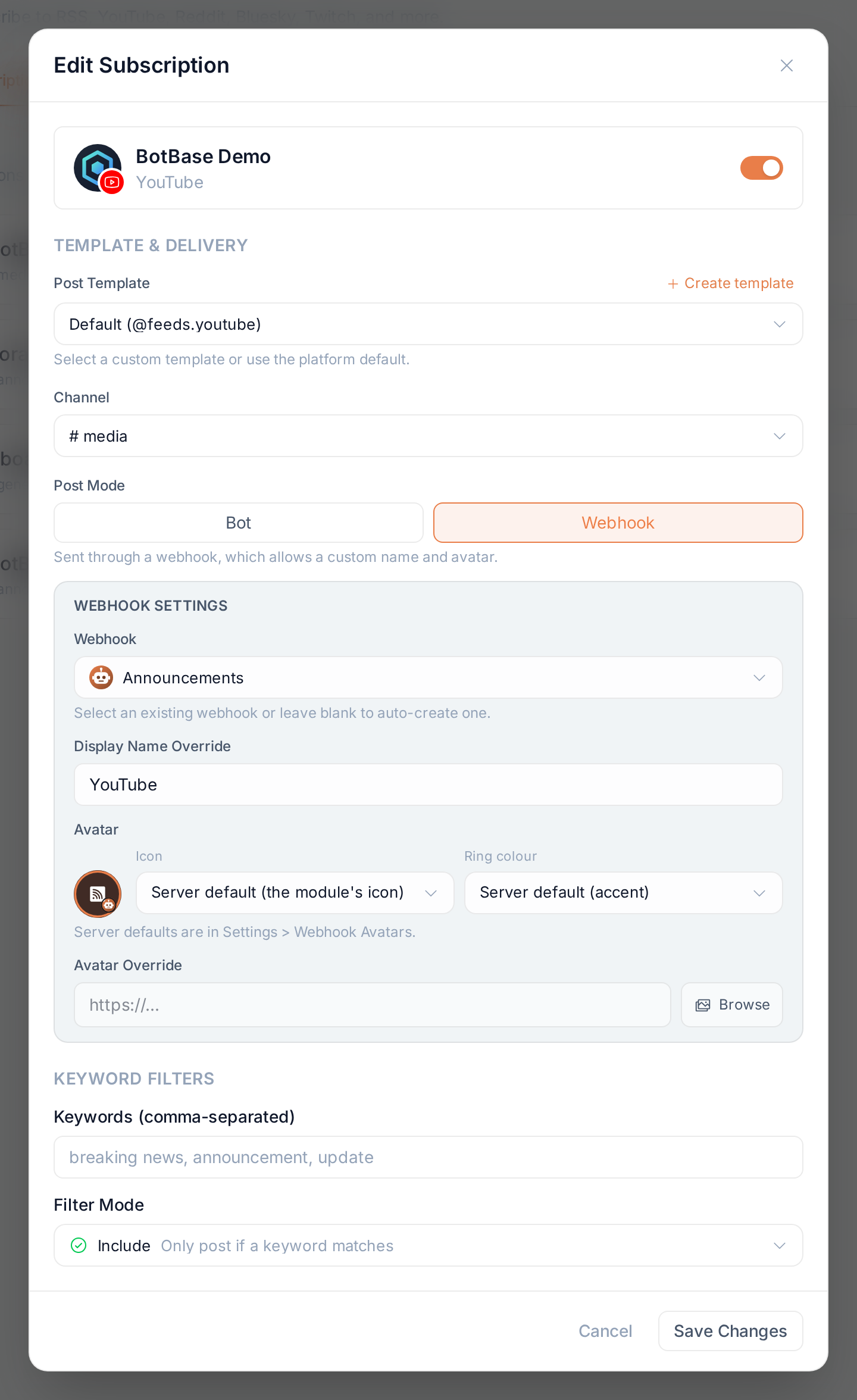 The Edit Subscription dialog