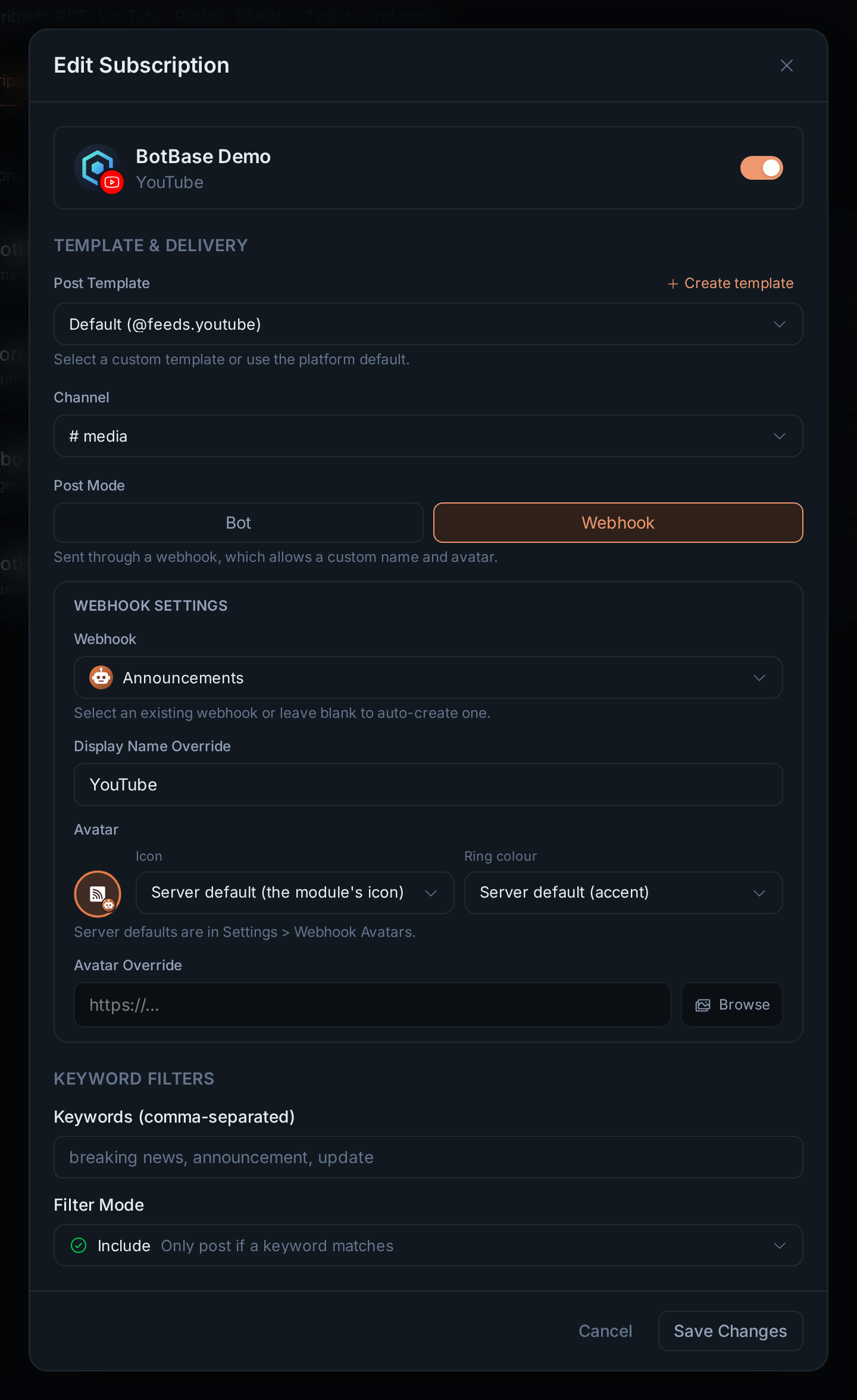The Edit Subscription dialog
