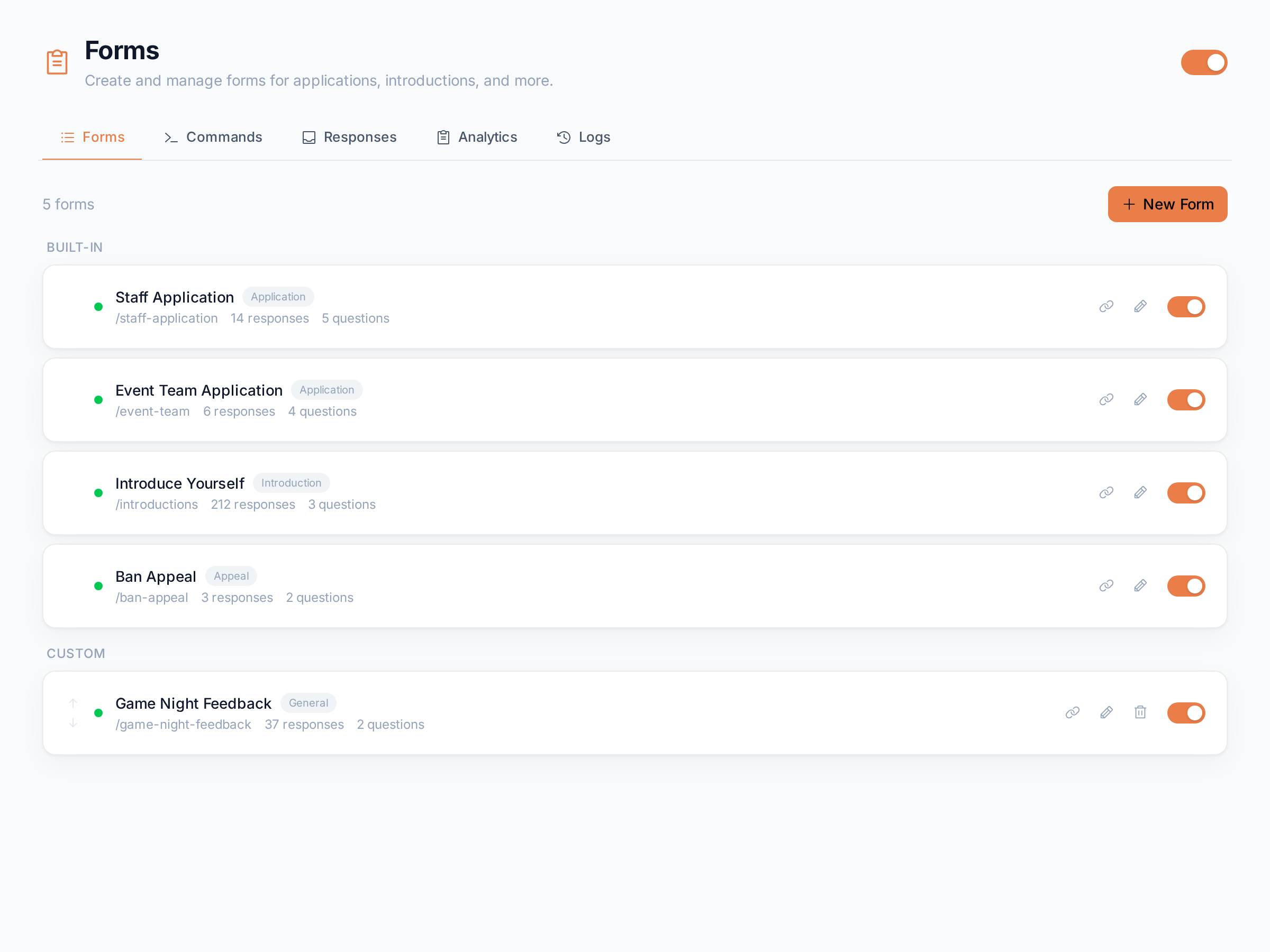 The Forms tab listing built-in and custom forms with their type, slug, response and question counts