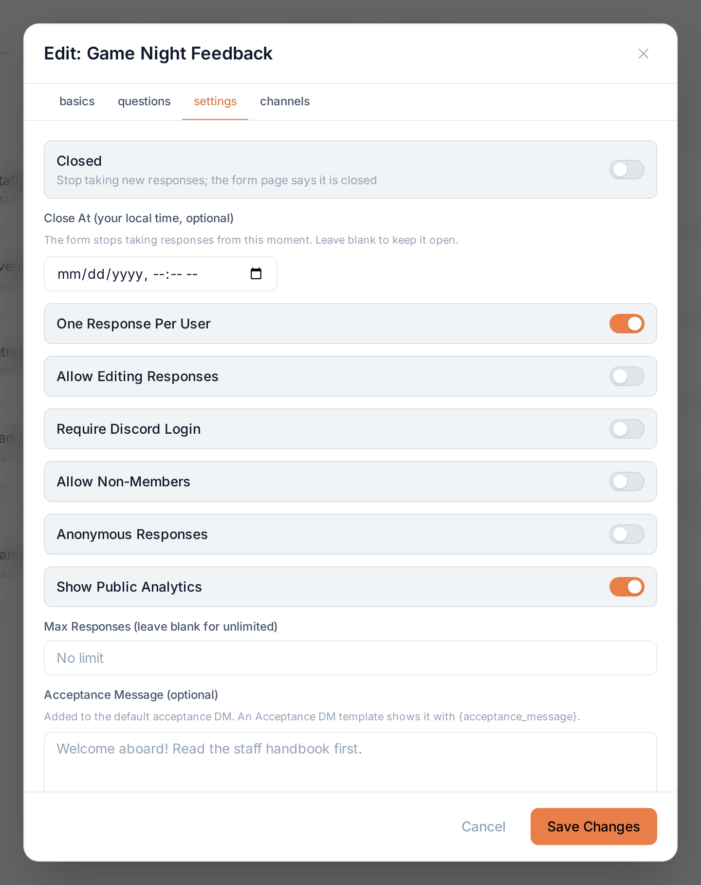 The settings tab of a general form