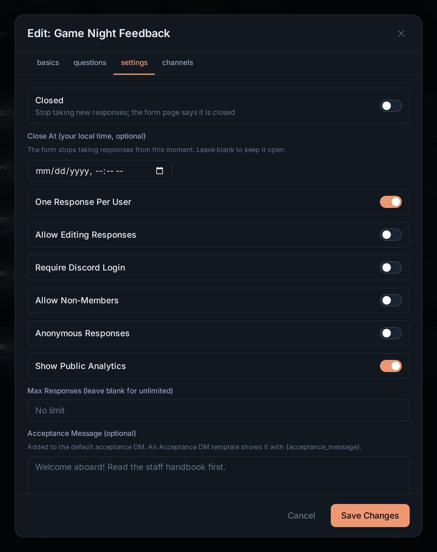 The settings tab of a general form
