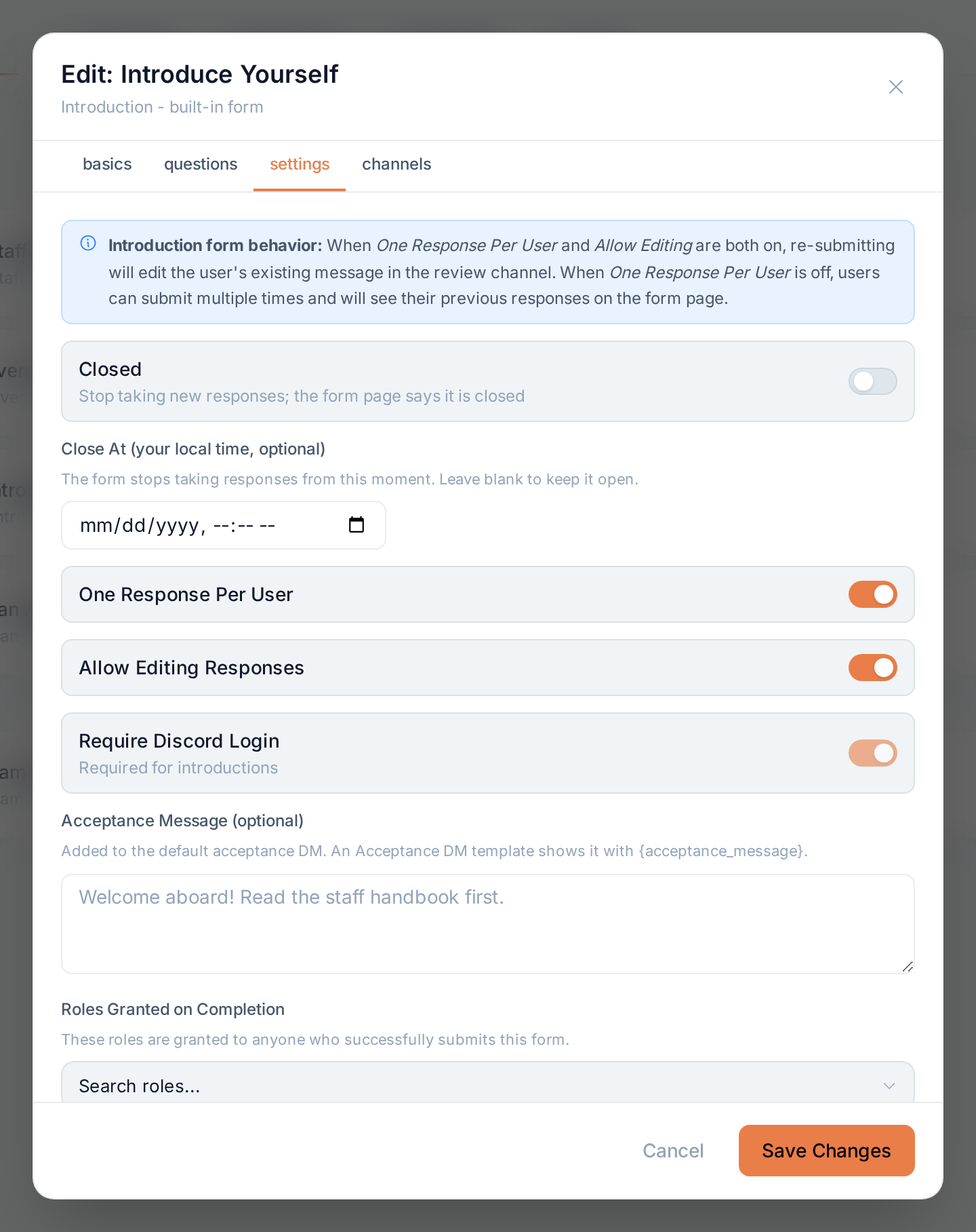 The settings tab of an introduction form