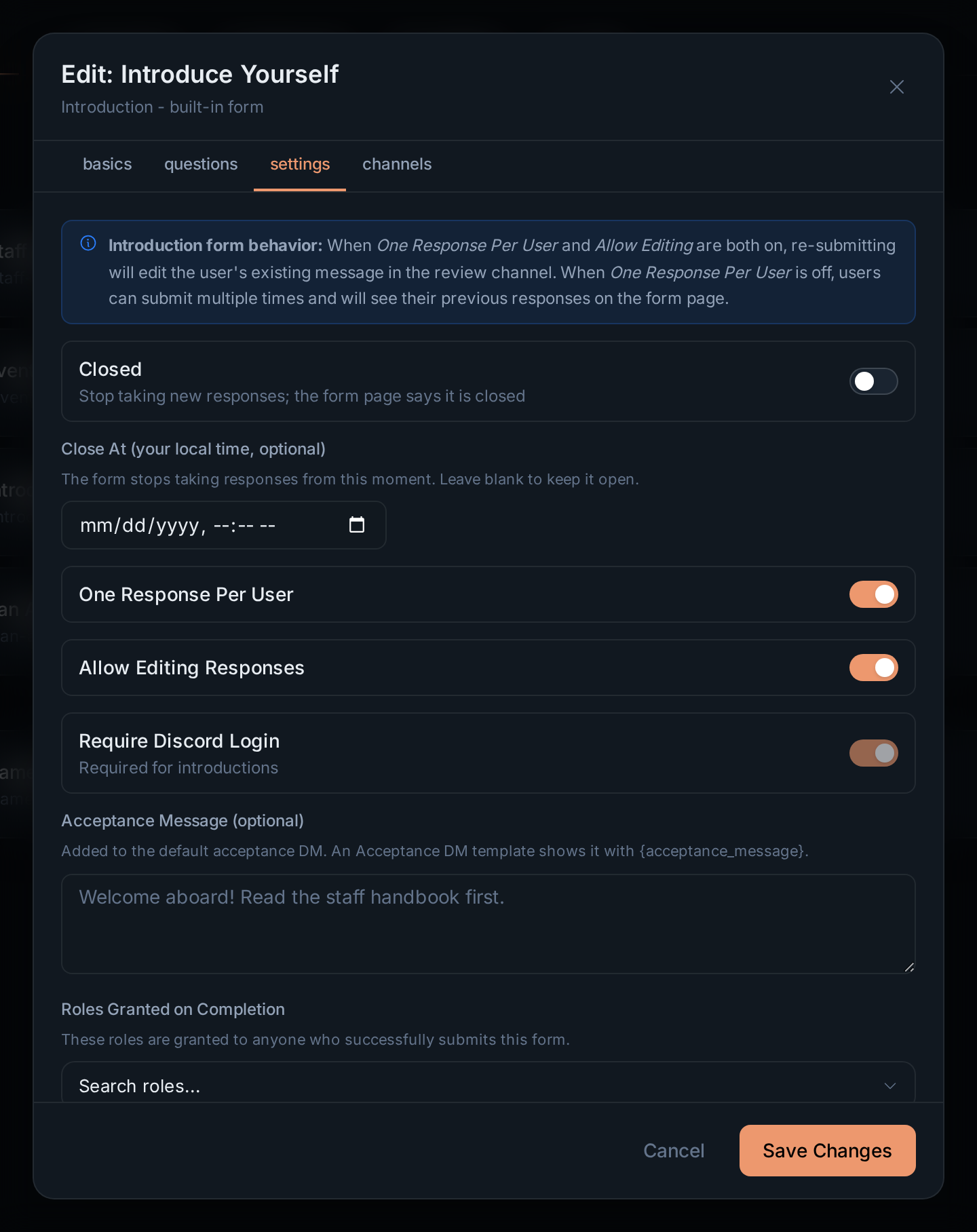 The settings tab of an introduction form