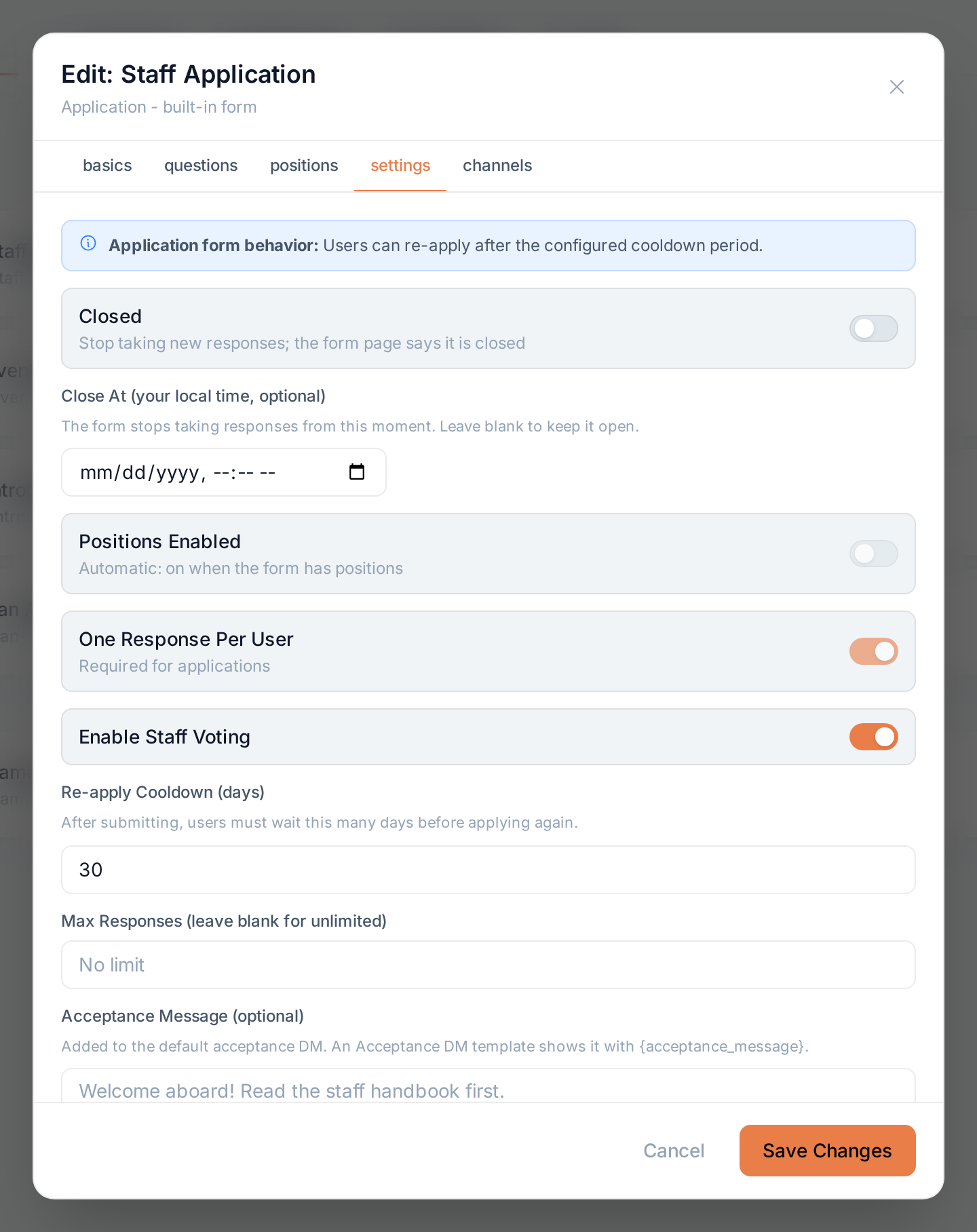The settings tab of the staff application: positions, one response per user, staff voting, a 30-day cooldown and a role granted on acceptance