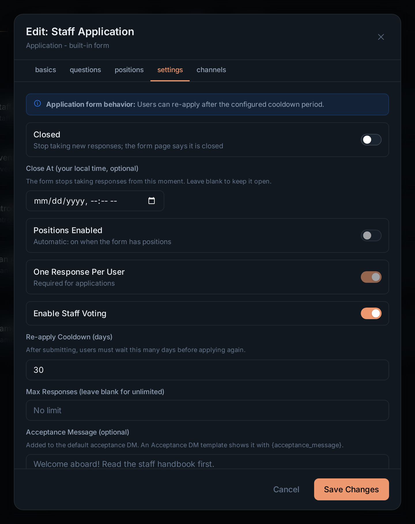 The settings tab of the staff application: positions, one response per user, staff voting, a 30-day cooldown and a role granted on acceptance